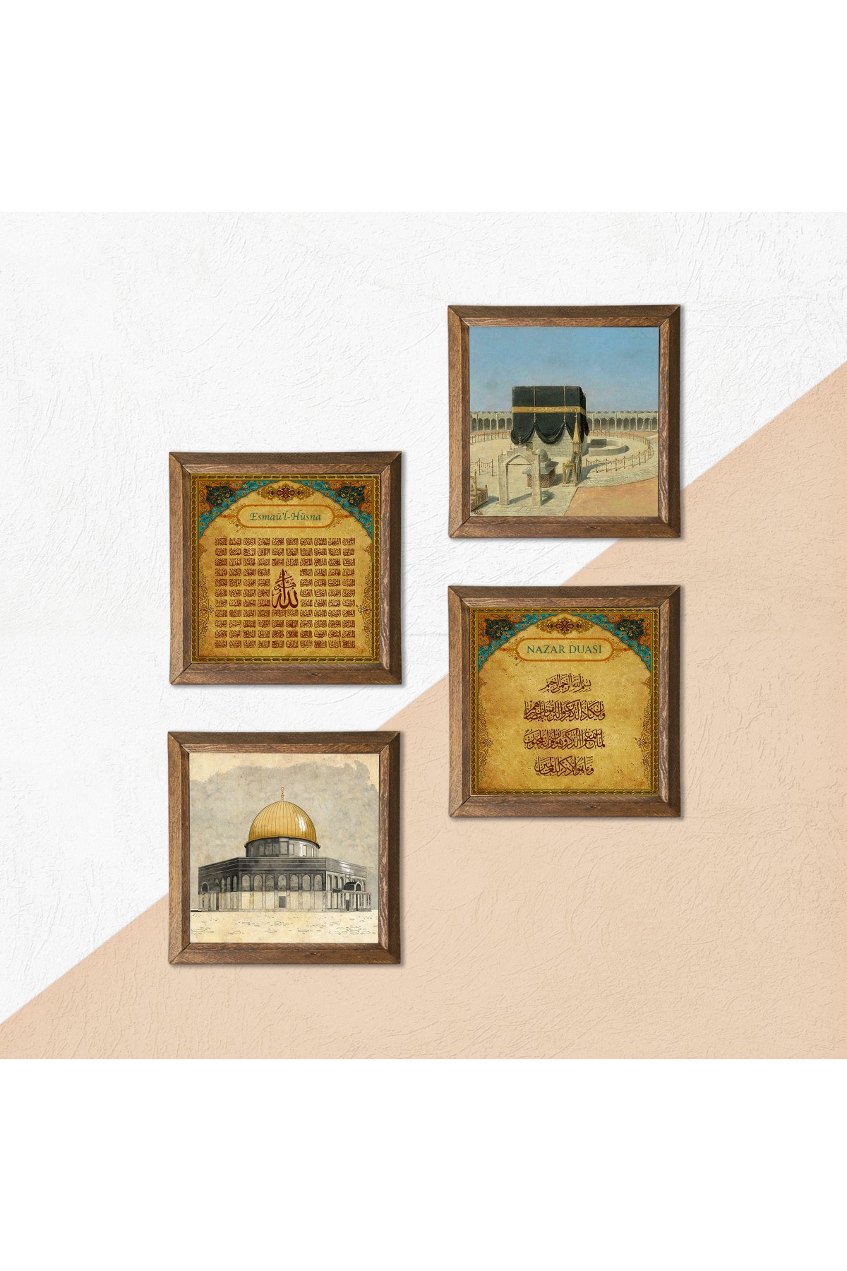 Kaaba-i Muazzama, Masjid al-Aqsa, Evil Eye Prayer, Esma'ul Husna Stone Wall Painting Wooden Framed Wall Decoration 4 Piece Painting Set Wall Art