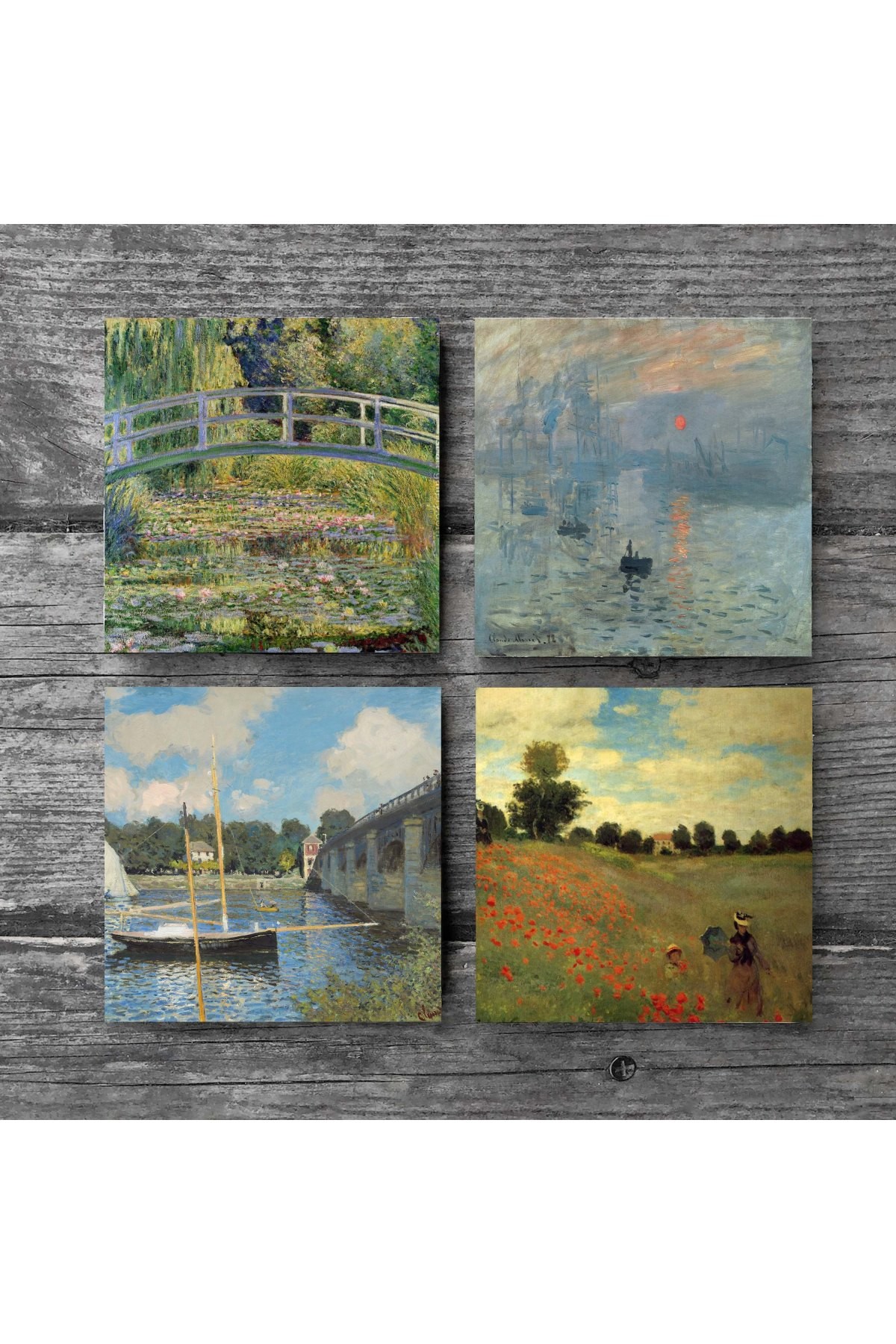 Claude Monet Argenteuil'de Köprü, Gelincikler, İzlenim Gün Doğumu, Nilüfer Gölü Taş Bardak Altlığı Masaüstü Koruyucu Altlık 4 Parça Set 10x10cm Stone Coasters