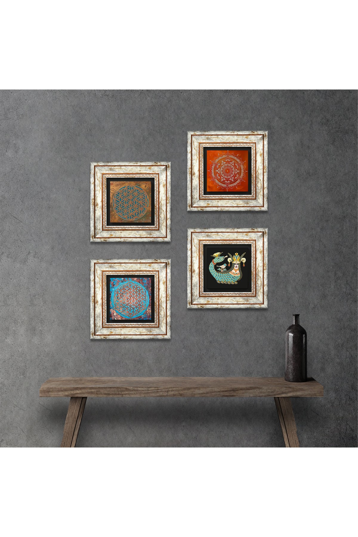 Flower of Life, Mandala, Shahmaran Stone Wall Painting Framed Wall Decor 4 Piece Painting Set Wall Art