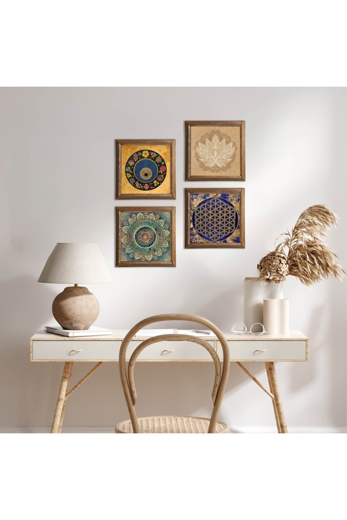 Mandala, Lotus Çiçeği, Yaşam Çiçeği, Nazar Taş Duvar Tablosu Ahşap Çerçeveli Duvar Dekoru 4 Parça Tablo Seti Wall Art