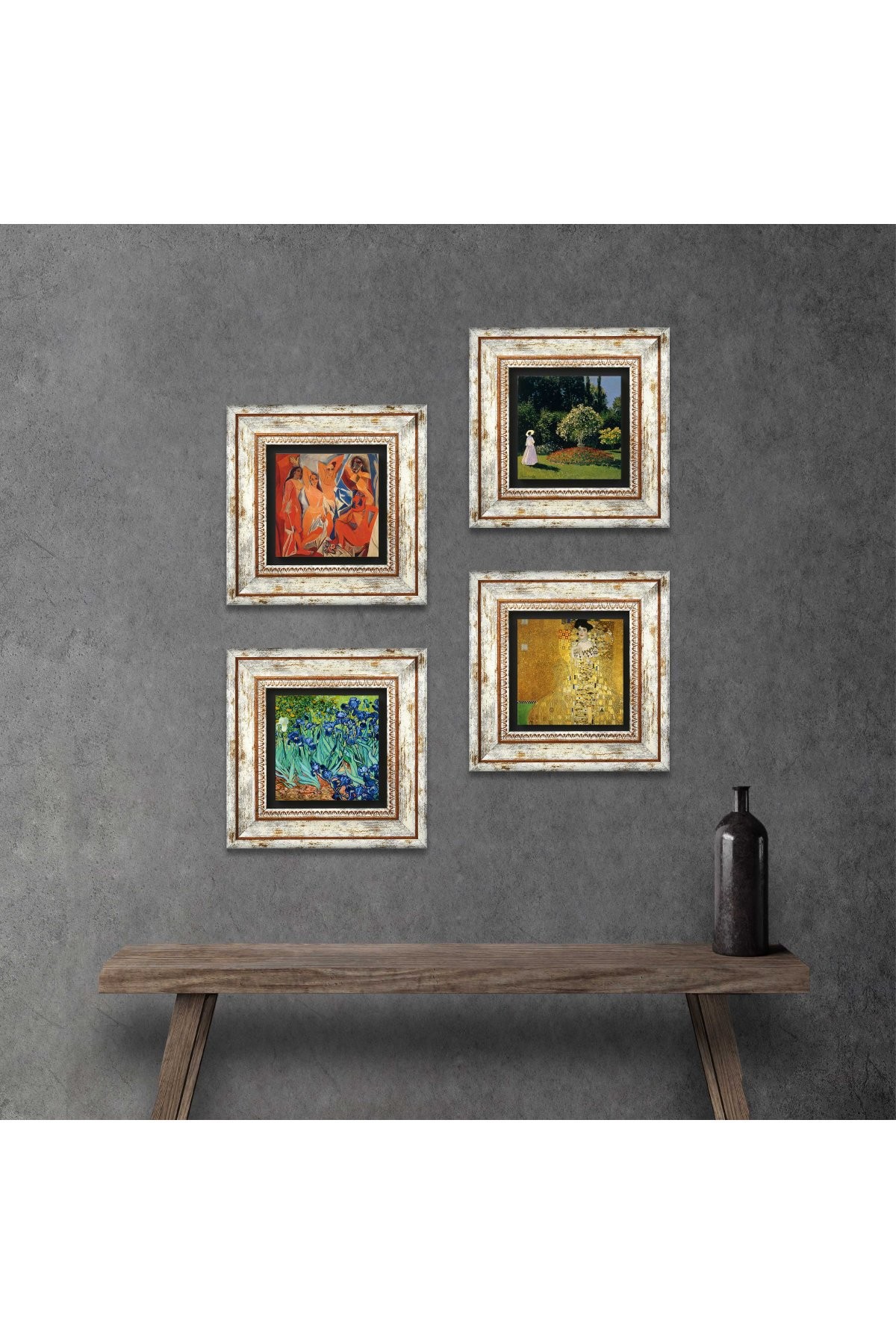 Picasso, Gustav Klimt, Claude Monet, Van Gogh Stone Wall Painting Framed Wall Decor 4 Piece Painting Set Wall Art