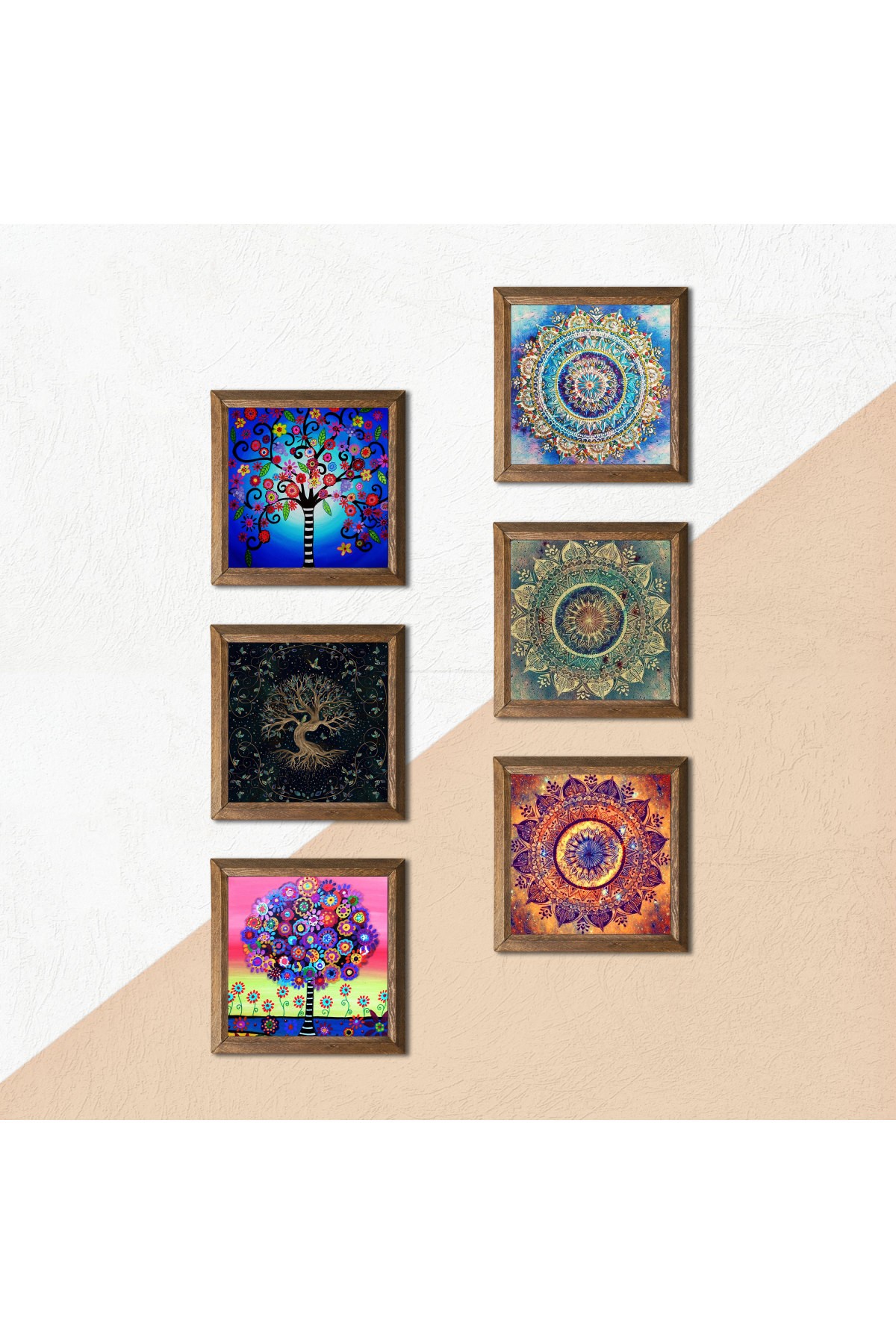 Mandala, Hayat Ağacı Taş Duvar Tablosu Ahşap Çerçeveli Duvar Dekoru 6 Parça Tablo Seti Wall Art