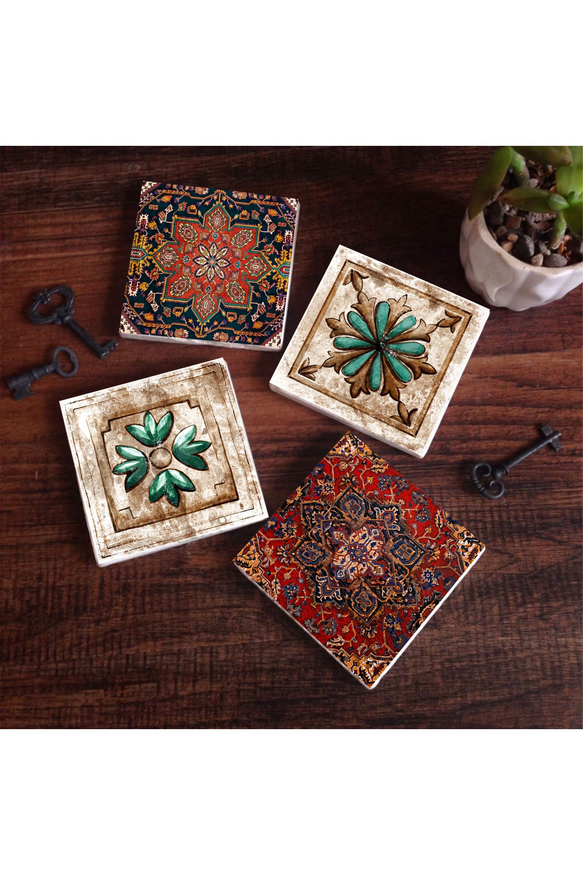 Desen, Fas Desenli Vintage Taş Bardak Altlığı Masaüstü Koruyucu Altlık 4 Parça Set 10x10cm Stone Coasters