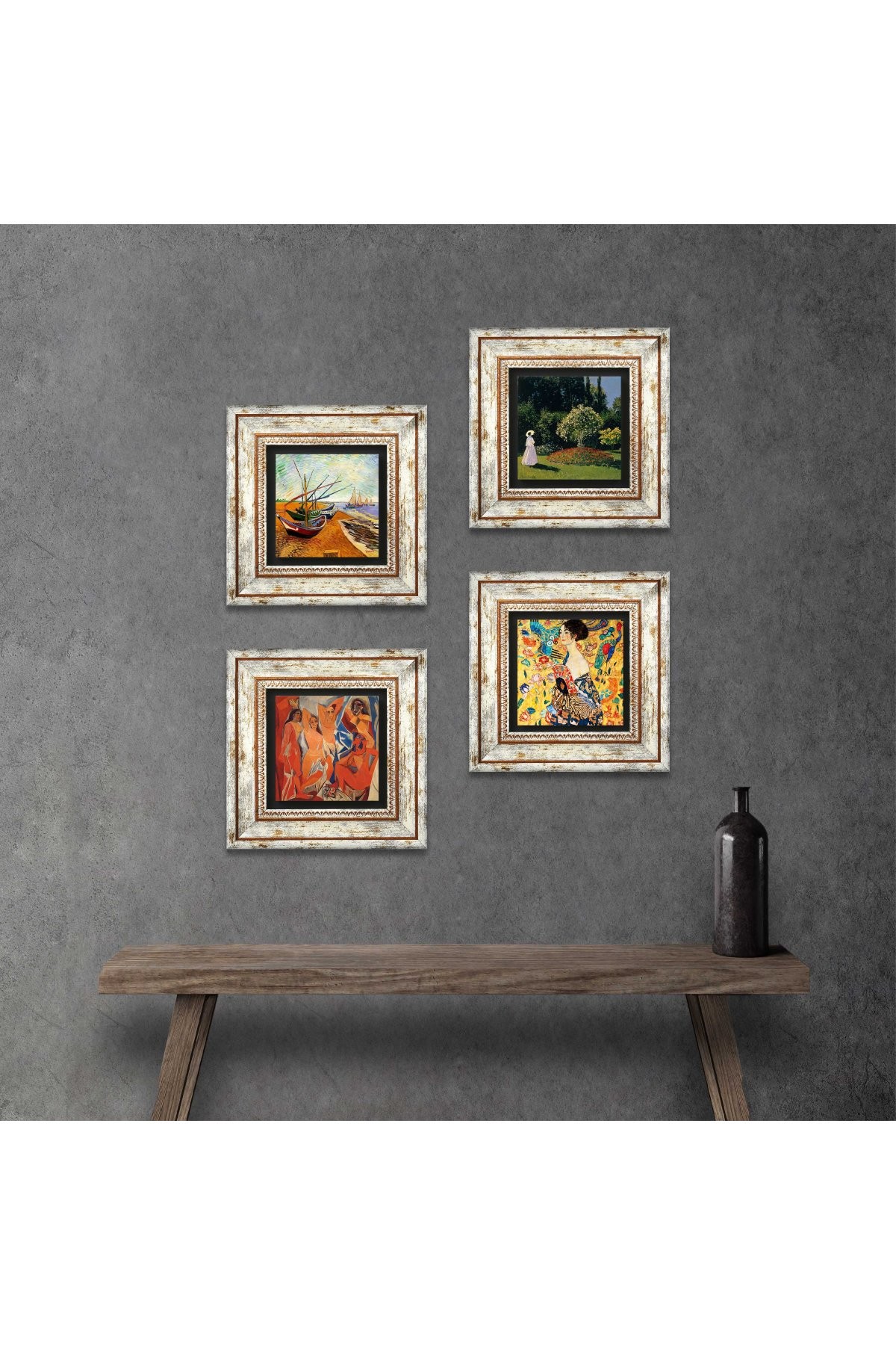 Picasso, Van Gogh, Gustav Klimt, Claude Monet Stone Wall Painting Framed Wall Decor 4 Piece Painting Set Wall Art