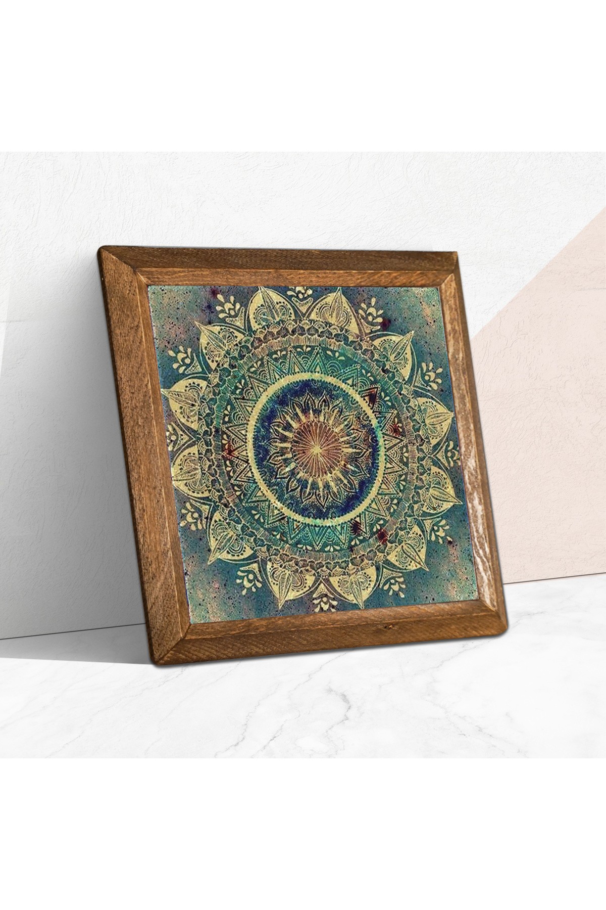 Mandala Taş Duvar Tablosu Ahşap Çerçeveli Duvar Dekoru Wall Art 25x25cm