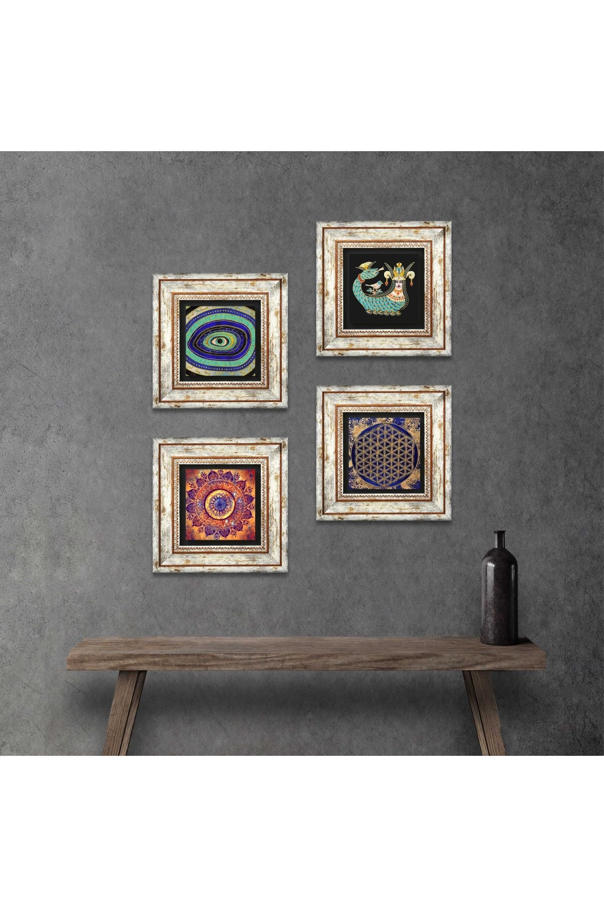 Mandala, Evil Eye, Flower of Life, Shahmaran Stone Wall Painting Framed Wall Decor 4 Piece Painting Set Wall Art