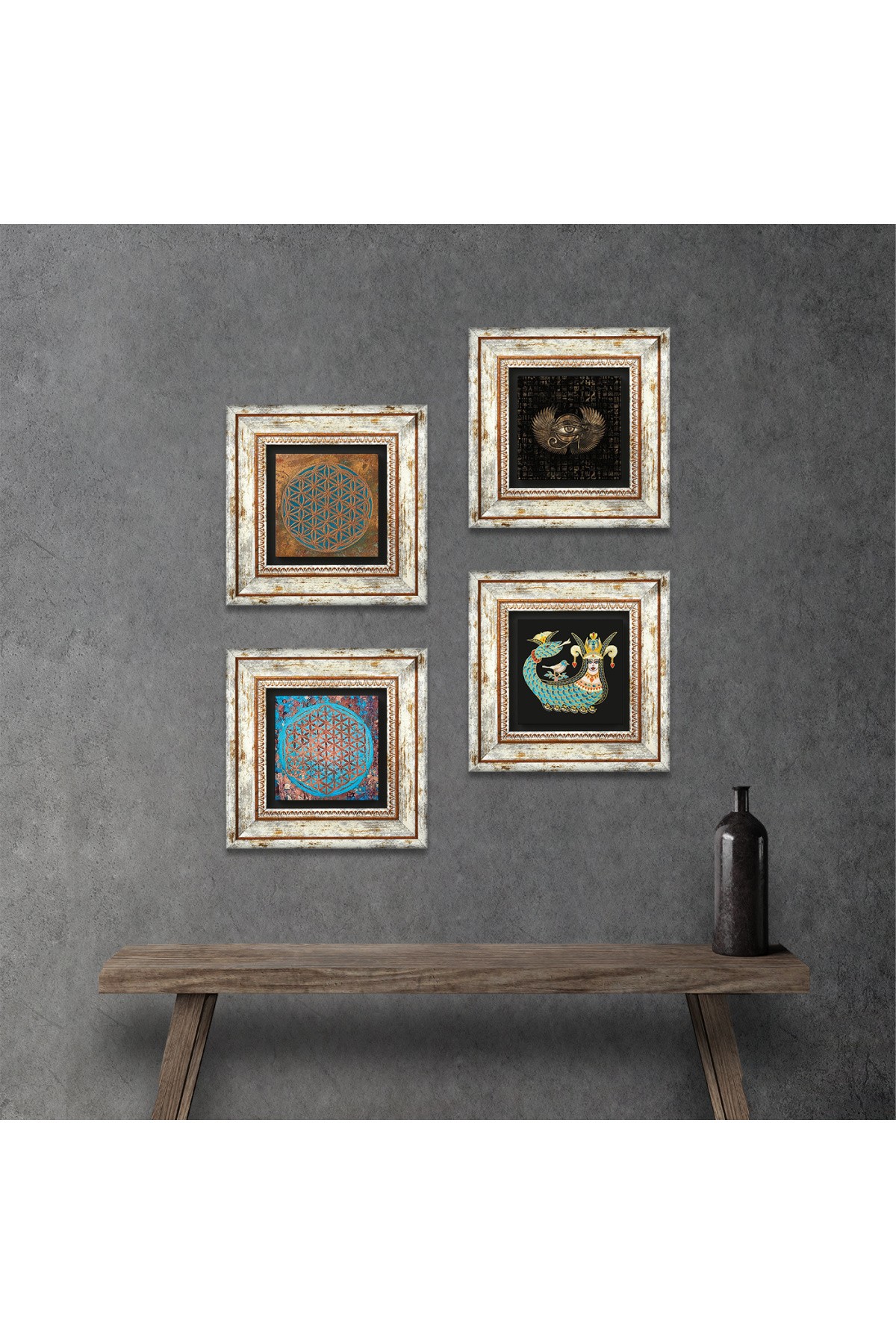 Eye of Horus, Flower of Life, Shahmaran Stone Wall Painting Framed Wall Decor 4 Piece Painting Set Wall Art