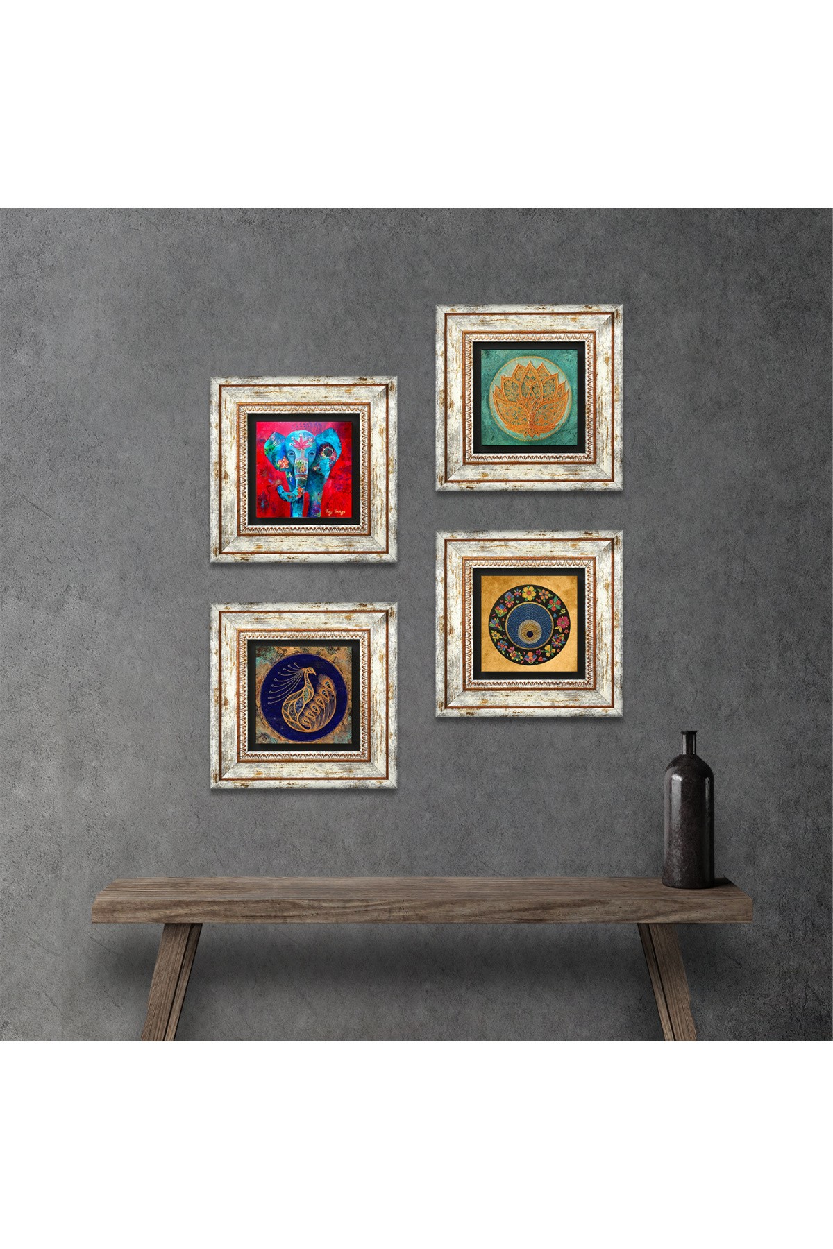 Elephant, Lotus Flower, Peacock, Evil Eye Stone Wall Painting Framed Wall Decor 4 Piece Painting Set Wall Art