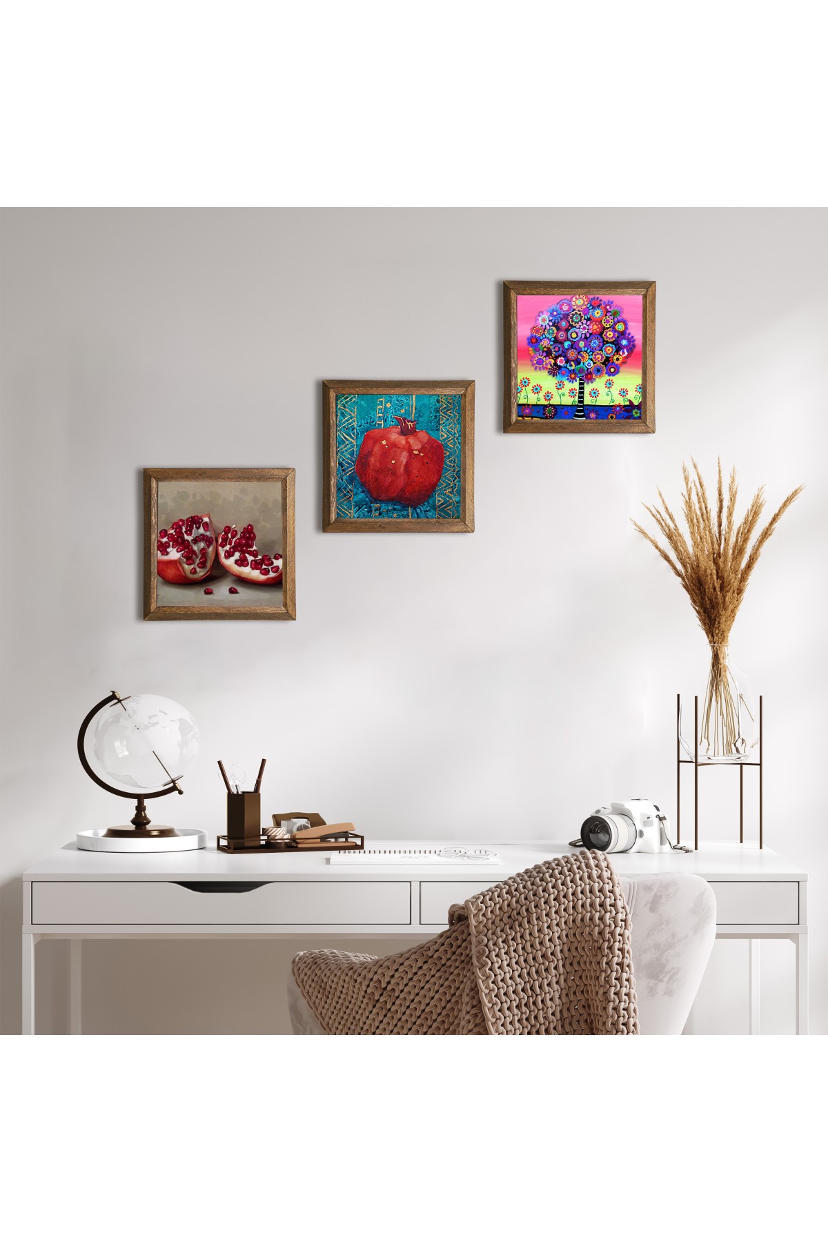 Karla Gerard Tree of Life, Pomegranate Stone Wall Painting Wood Framed Wall Decor 3 Piece Painting Set Wall Art