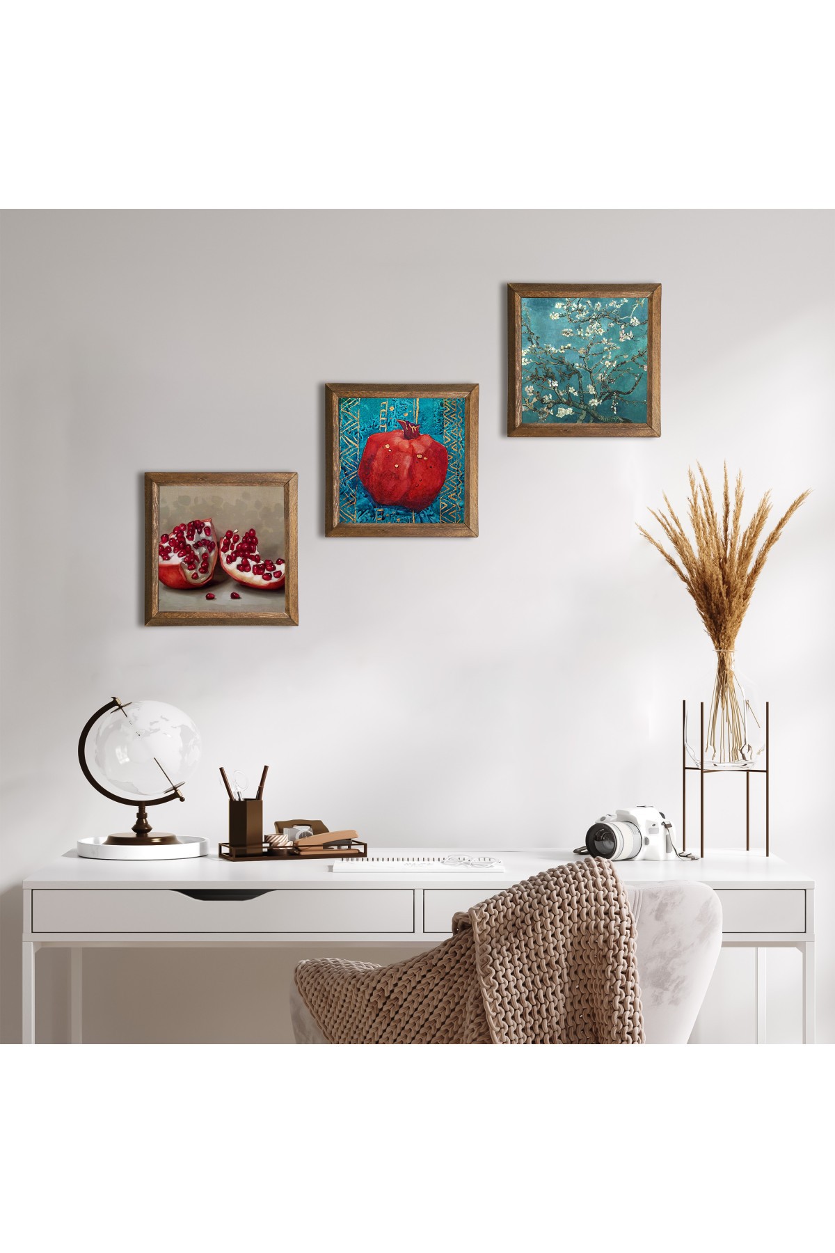 Van Gogh Almond Tree, Pomegranate Stone Wall Painting Wooden Framed Wall Decor 3 Piece Painting Set Wall Art