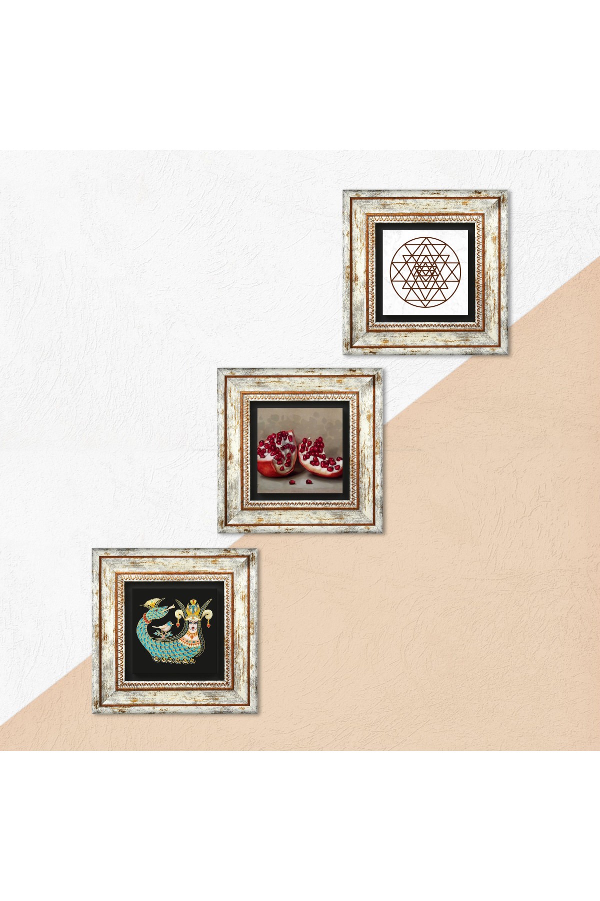 Sri Yantra, Shahmaran, Pomegranate Stone Wall Painting Framed Wall Decor 3 Piece Painting Set Wall Art