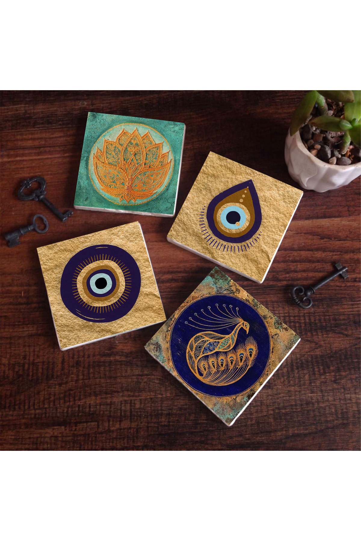 Nazar, Lotus Çiçeği, Tavus Kuşu Taş Bardak Altlığı Masaüstü Koruyucu Altlık 4 Parça Set 10x10cm Stone Coasters