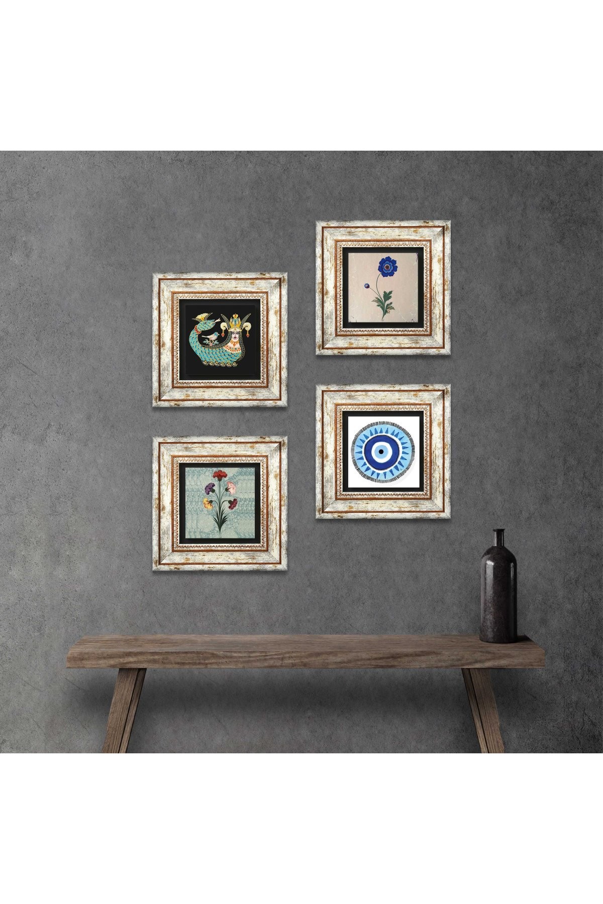 Evil Eye, Marbling Art, Sahmeran Stone Wall Painting Framed Wall Decoration 4 Piece Painting Set Wall Art