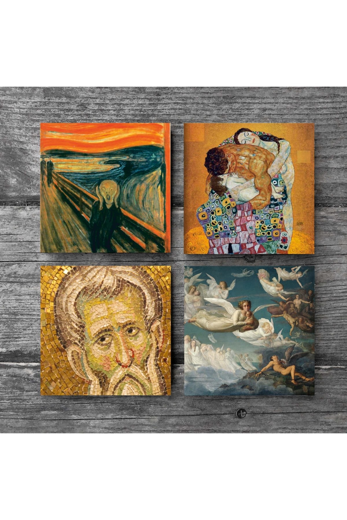 Çığlık, Mozaik Serisi, Gustav Klimt Aile Kucaklama, Ruhların Geçişi Louis Janmot Taş Bardak Altlığı Masaüstü Koruyucu Altlık 4 Parça Set 10x10cm Stone Coasters