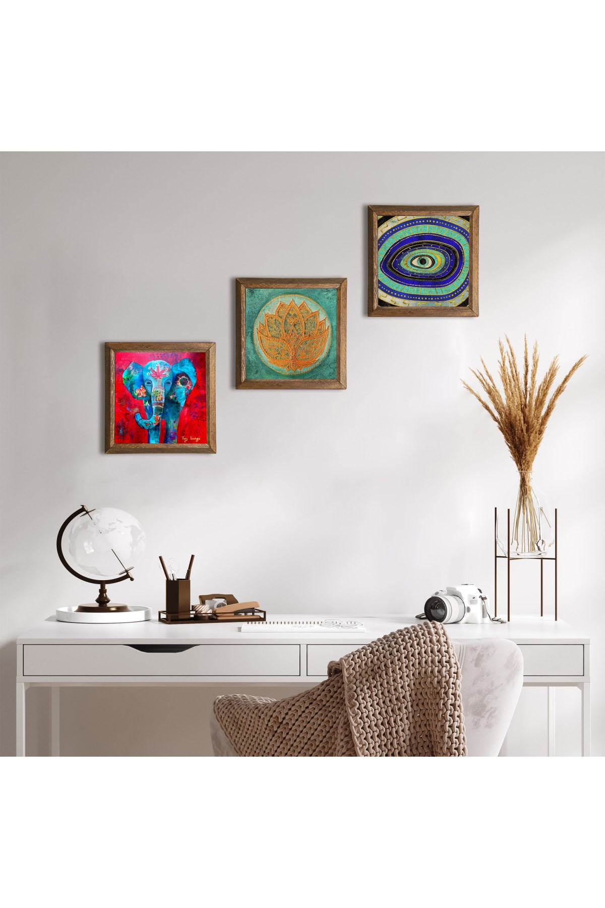 Fil, Nazar, Lotus Çiçeği Taş Duvar Tablosu Ahşap Çerçeveli Duvar Dekoru 3 Parça Tablo Seti Wall Art