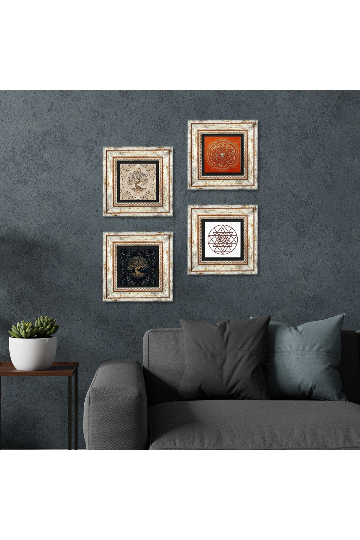 Sri Yantra, Hayat Ağacı Taş Duvar Tablosu Çerçeveli Duvar Dekoru 4 Parça Tablo Seti Wall Art