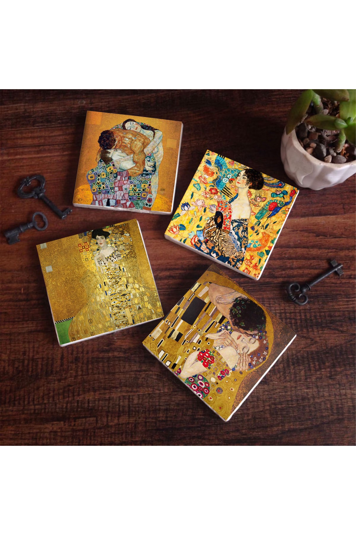 Gustav Klimt Yelpazeli Kadın, Bauer'in Portresi, Aile Kucaklama, Öpücük Taş Bardak Altlığı Masaüstü Koruyucu Altlık 4 Parça Set 10x10cm Stone Coasters