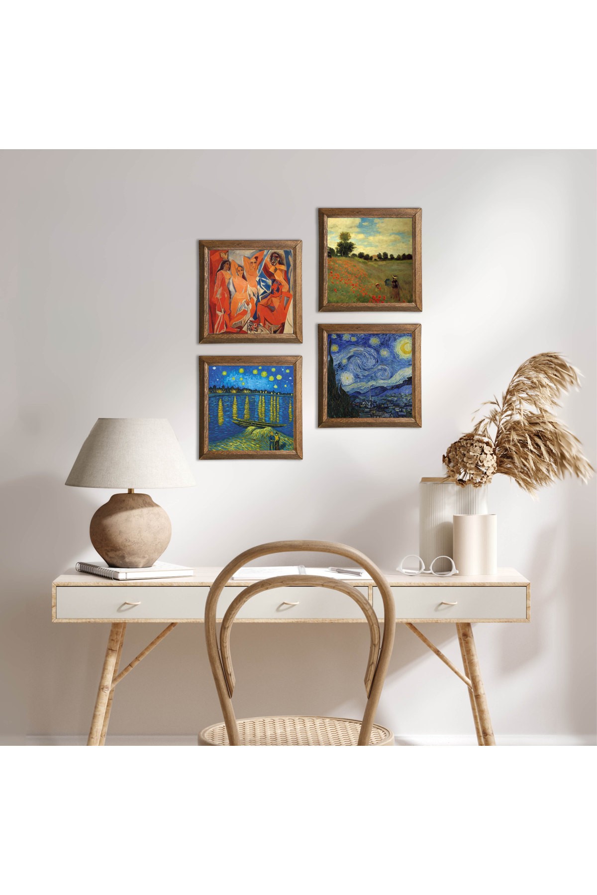 Picasso, Claude Monet, Van Gogh Taş Duvar Tablosu Ahşap Çerçeveli Duvar Dekoru 4 Parça Tablo Seti Wall Art