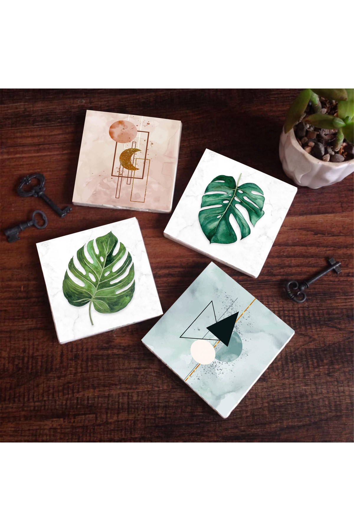 Minimalist Abstract, Leaf Stone Coasters Desktop Protective Coasters 4 Piece Set 10x10cm Stone Coasters