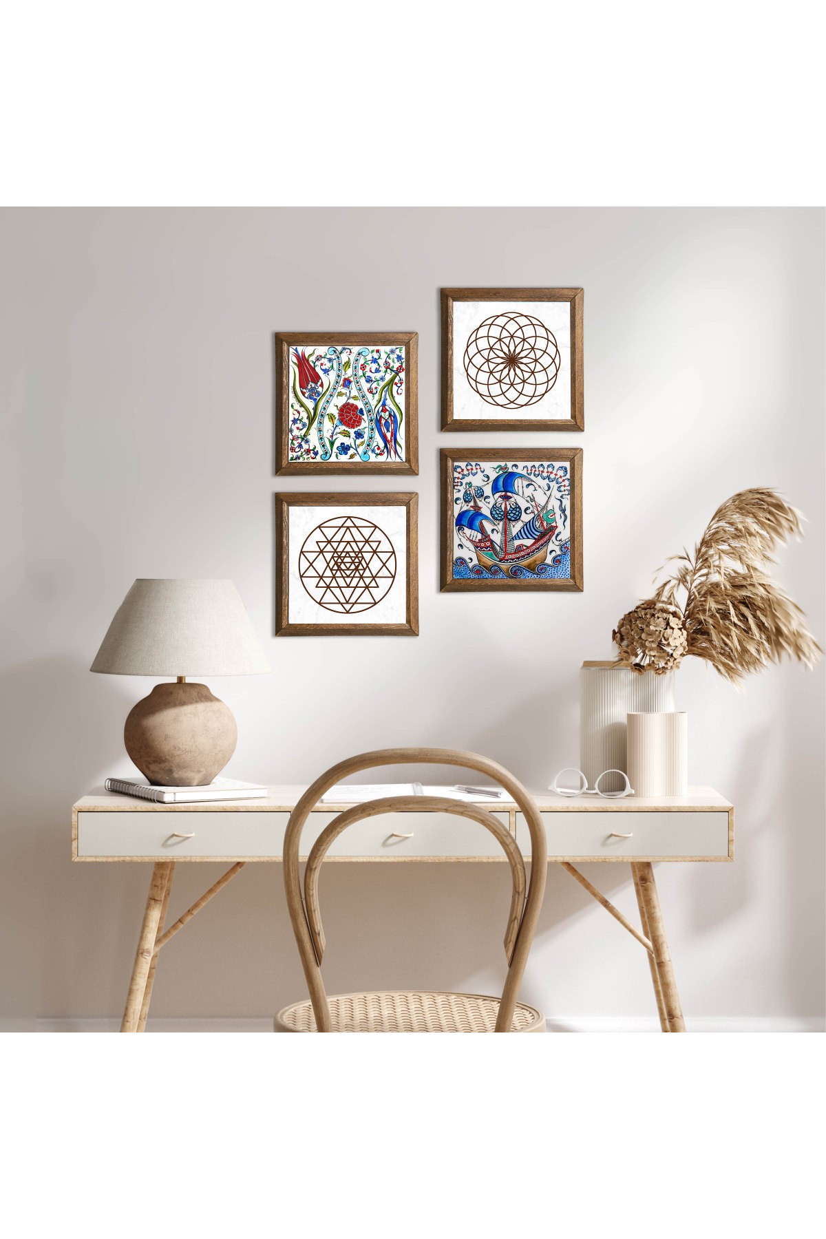 Çini Sanatı Yelkenli Gemi, Lale, Yaşam Çiçeği, Sri Yantra Taş Duvar Tablosu Ahşap Çerçeveli Duvar Dekoru 4 Parça Tablo Seti Wall Art