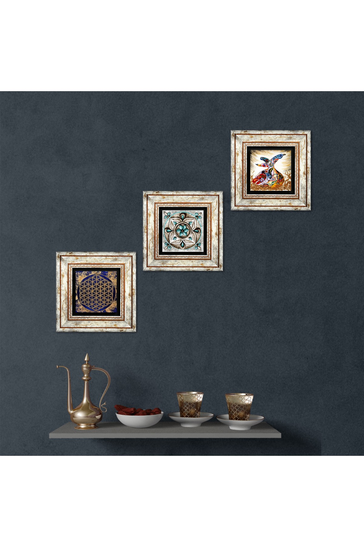 Yaşam Çiçeği, Çini Sanatı, Semazen Taş Duvar Tablosu Çerçeveli Duvar Dekoru 3 Parça Tablo Seti Wall Art