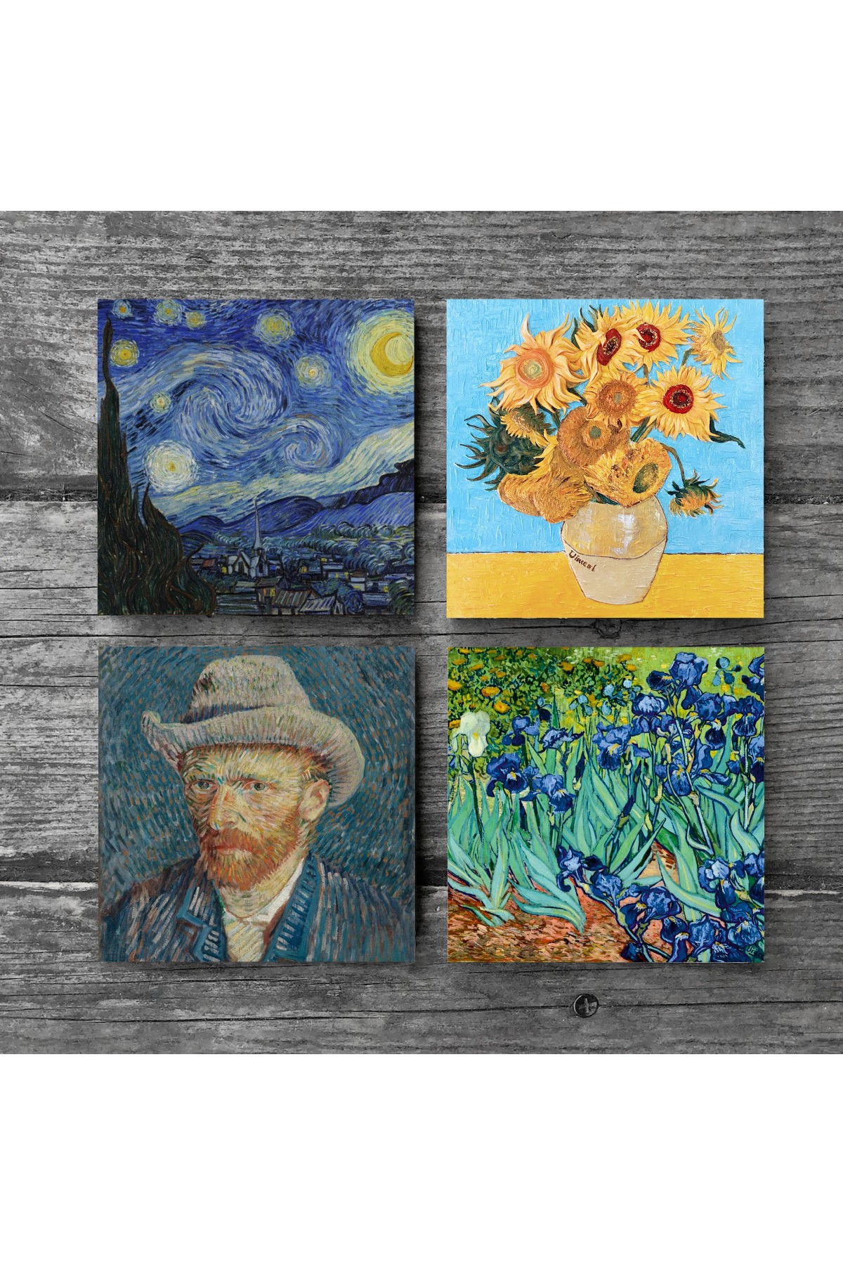 Van Gogh On İki Ayçiçekli Vazo, İrisler, Yıldızlı Gece, Otoportre Taş Bardak Altlığı Masaüstü Koruyucu Altlık 4 Parça Set 10x10cm Stone Coasters