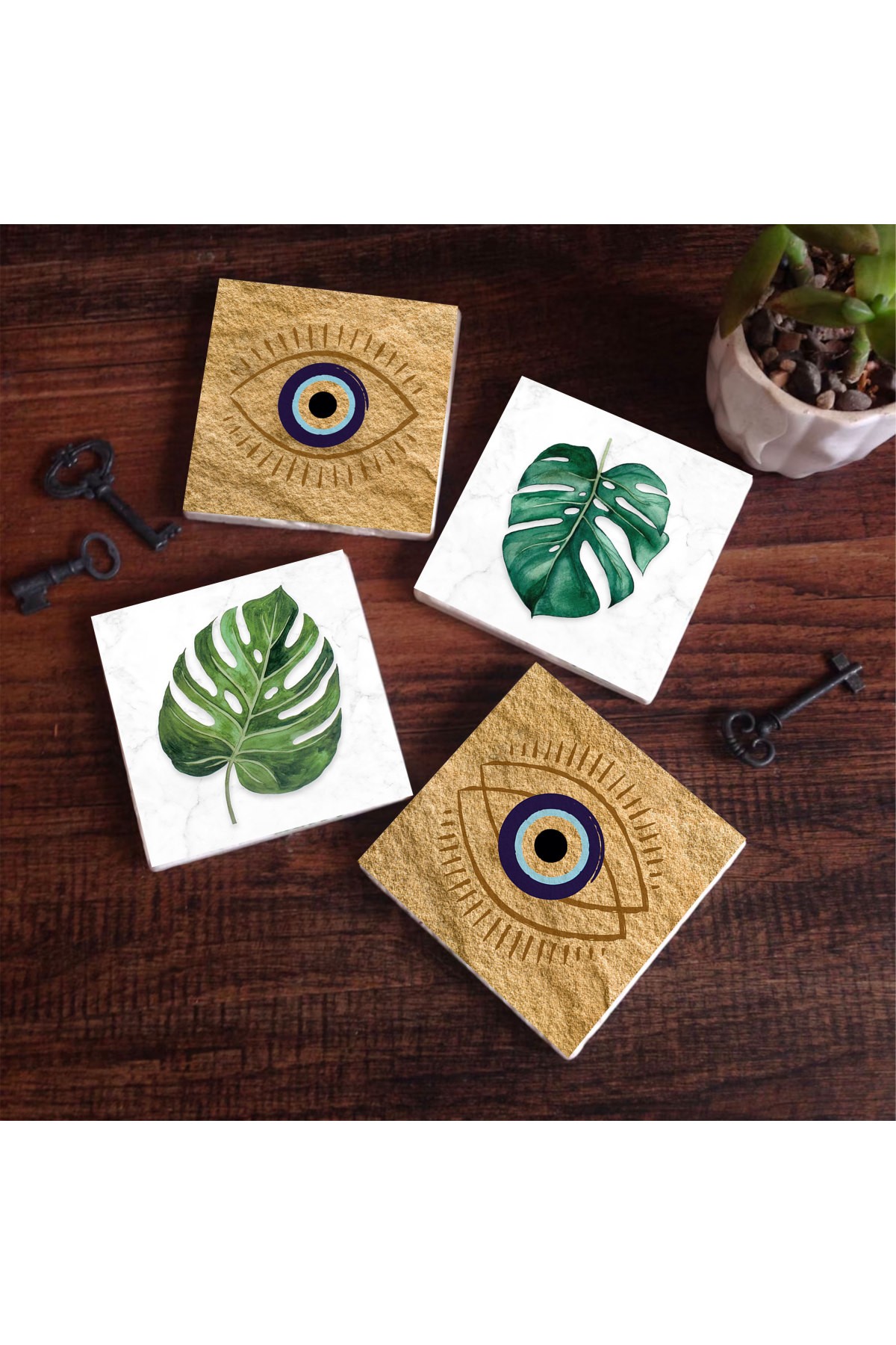 Nazar, Yaprak Taş Bardak Altlığı Masaüstü Koruyucu Altlık 4 Parça Set 10x10cm Stone Coasters