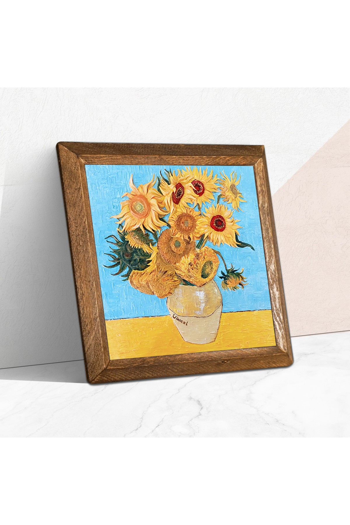 Vincent van Gogh On İki Ayçiçekli Vazo Taş Duvar Tablosu Ahşap Çerçeveli Duvar Dekoru Wall Art 25x25cm