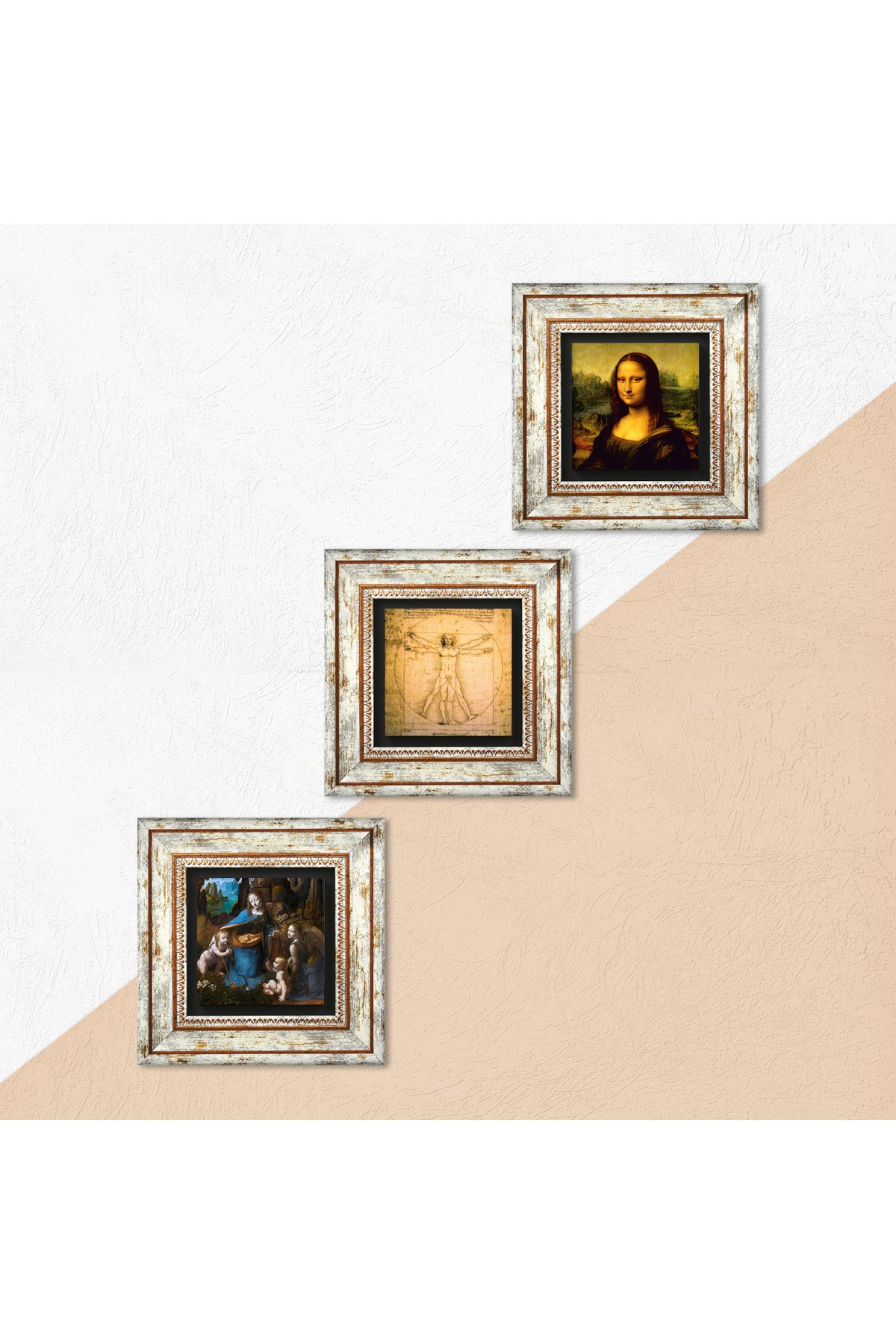 Da Vinci Virgin of the Rocks, Mona Lisa, Vitruvian Man Stone Wall Painting Framed Wall Decor 3 Piece Painting Set Wall Art