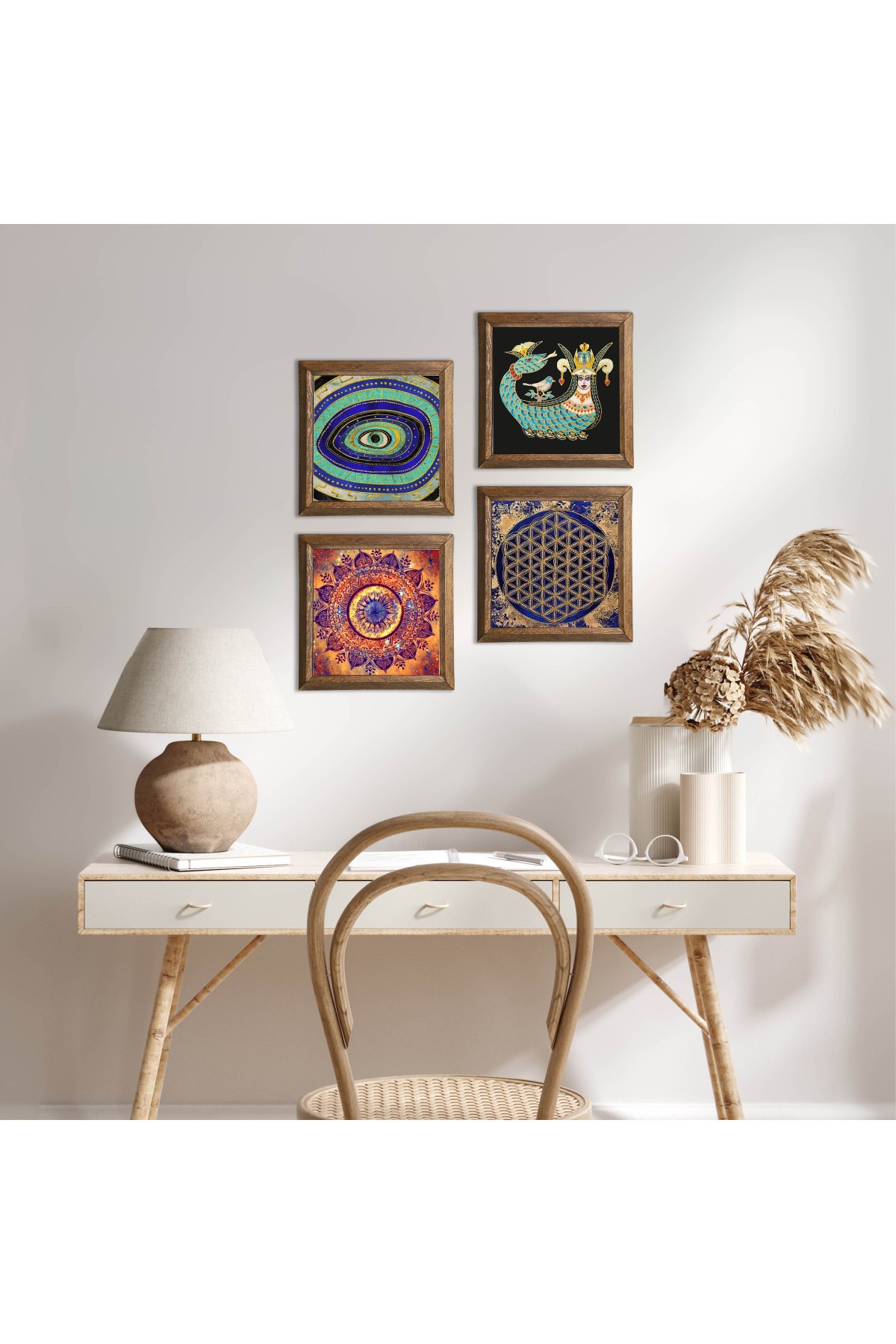 Mandala, Nazar, Yaşam Çiçeği, Şahmeran Taş Duvar Tablosu Ahşap Çerçeveli Duvar Dekoru 4 Parça Tablo Seti Wall Art