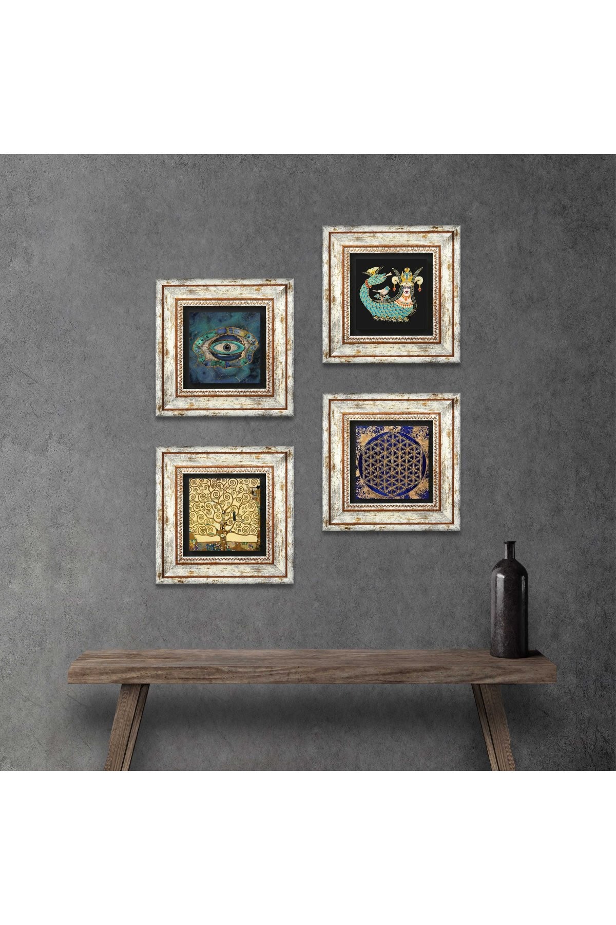 Evil Eye, Flower of Life, Gustav Klimt Tree of Life, Shahmaran Stone Wall Painting Framed Wall Decor 4 Piece Painting Set Wall Art