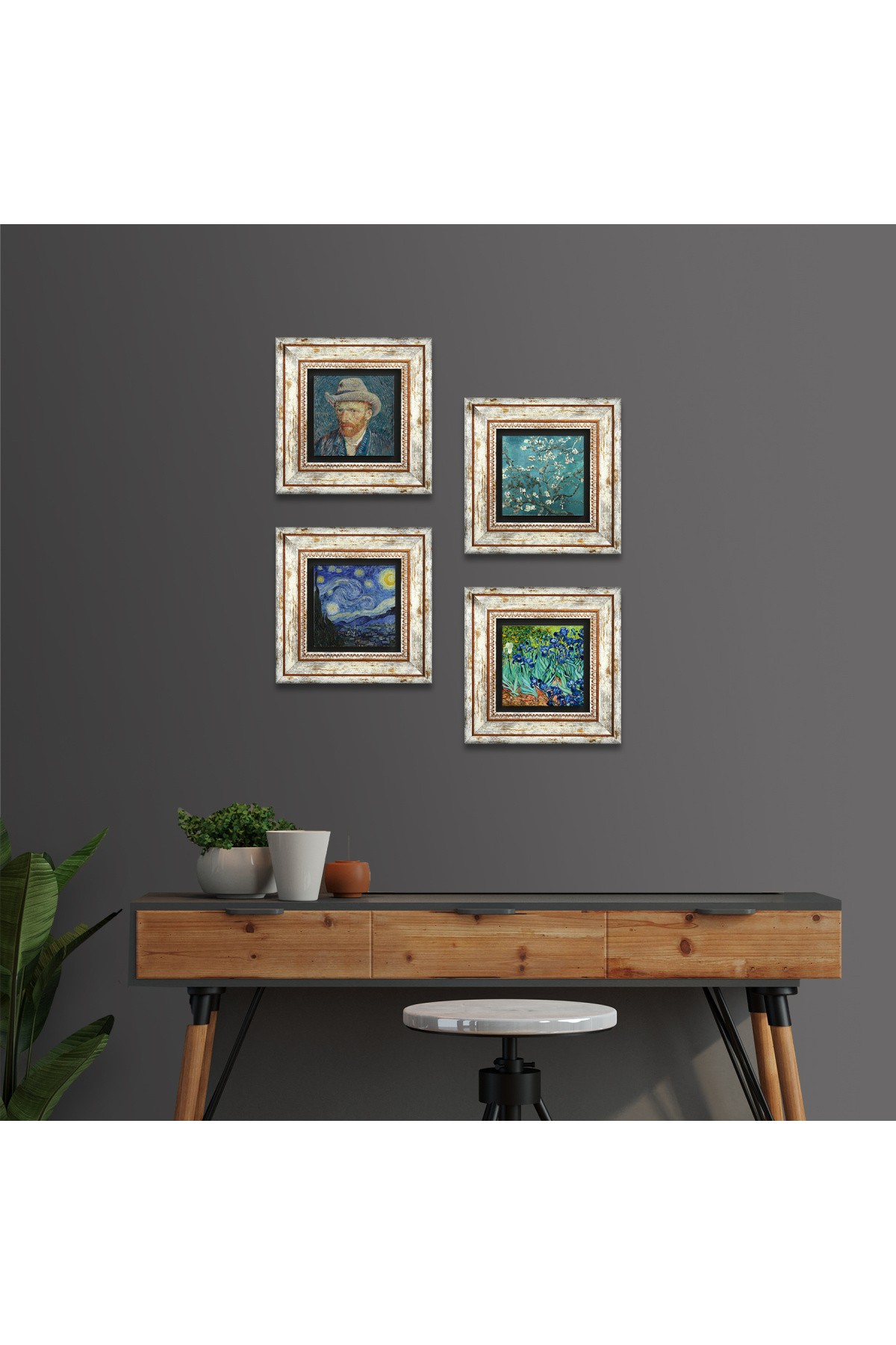 Van Gogh Yıldızlı Gece, Badem Ağacı, İrisler, Otoportre Taş Duvar Tablosu Çerçeveli Duvar Dekoru 4 Parça Tablo Seti Wall Art