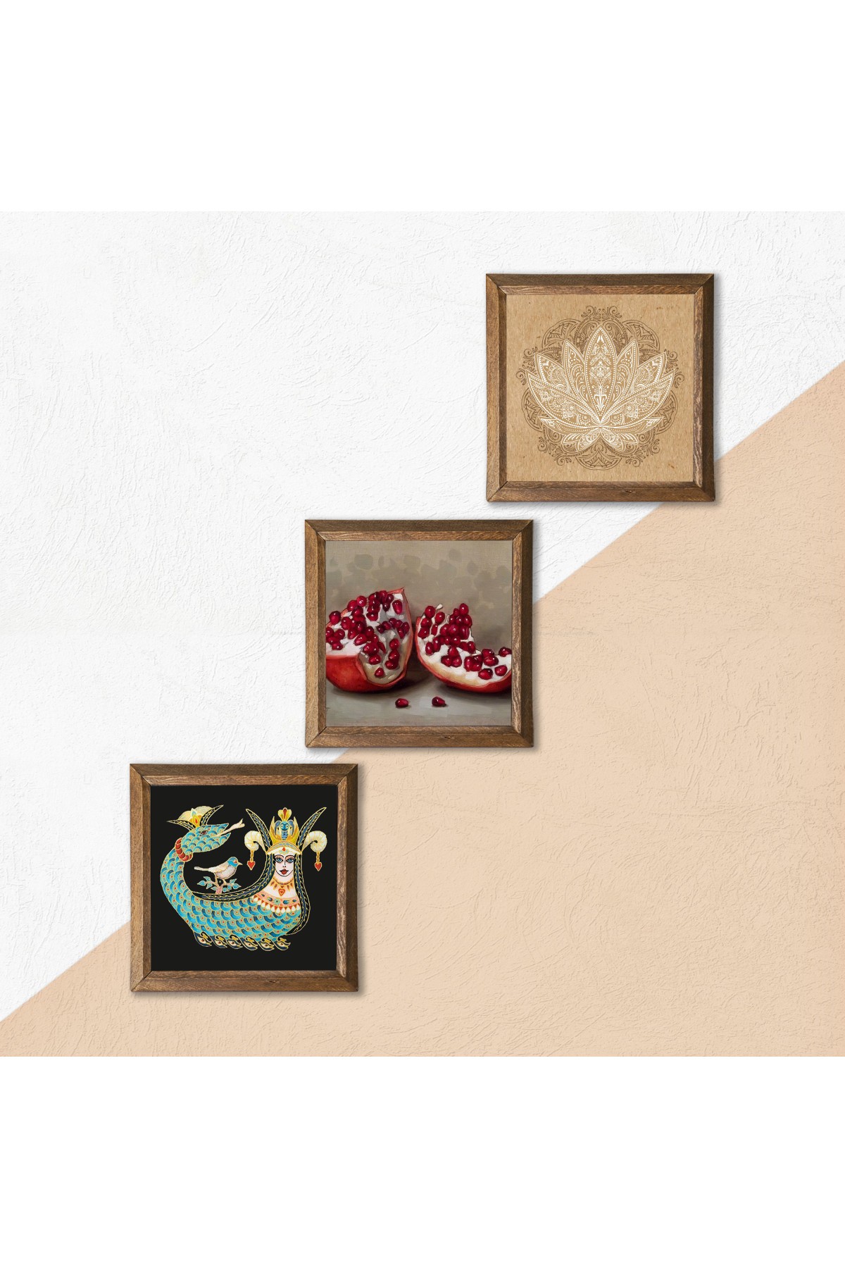 Lotus Flower, Shahmaran, Pomegranate Stone Wall Painting Wooden Framed Wall Decor 3 Piece Painting Set Wall Art