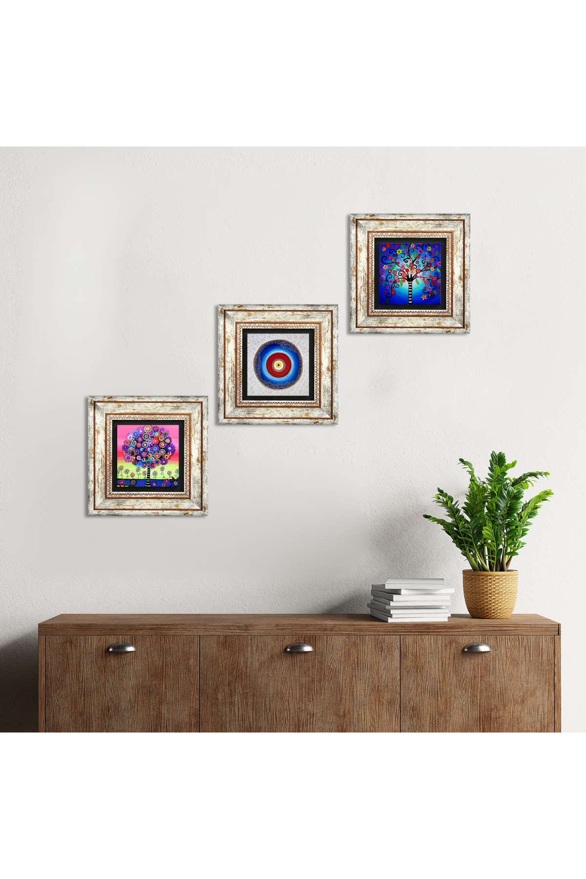 Evil Eye, Tree of Life Stone Wall Painting Framed Wall Decor 3 Piece Painting Set Wall Art