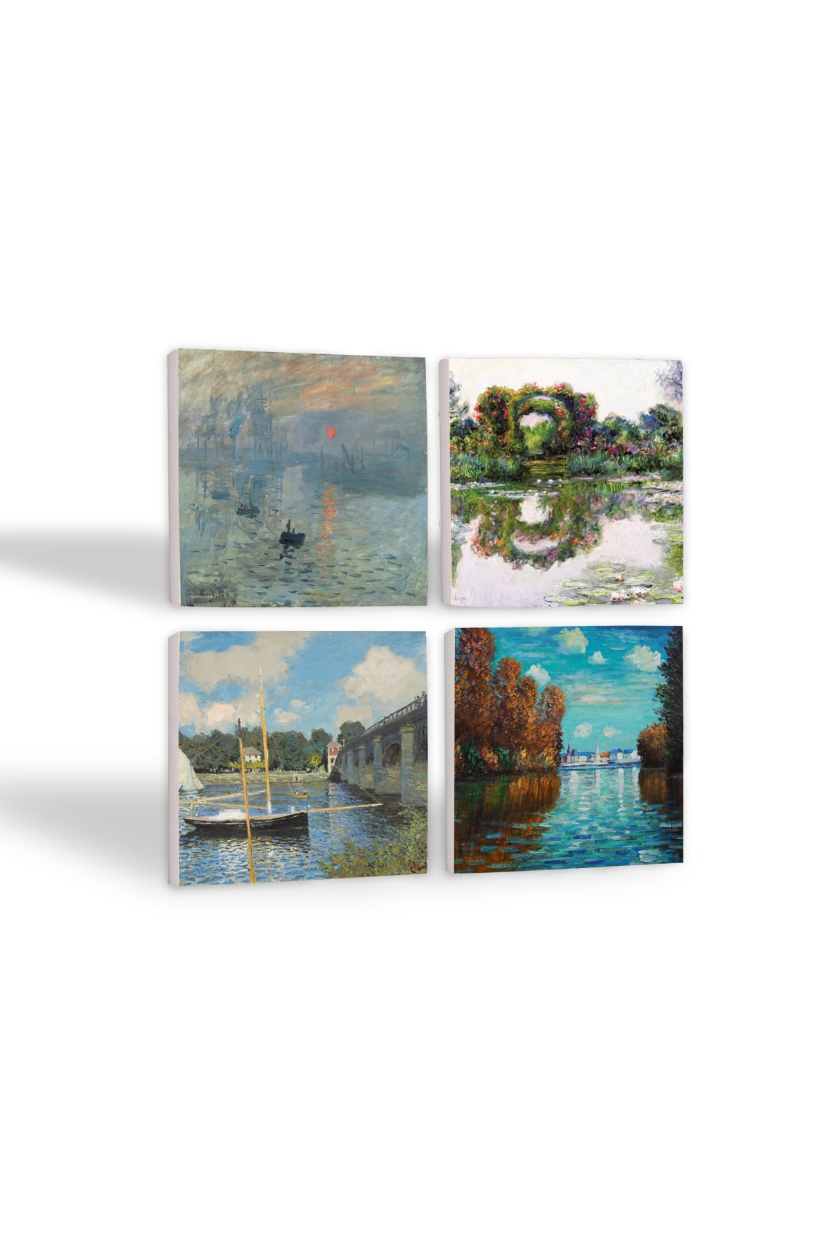 Claude Monet Sonbahar, Gül Çiçekli Kemer, Argenteuil'de Köprü, İzlenim Gün Doğumu Taş Bardak Altlığı Masaüstü Koruyucu Altlık 4 Parça Set 10x10cm Stone Coasters