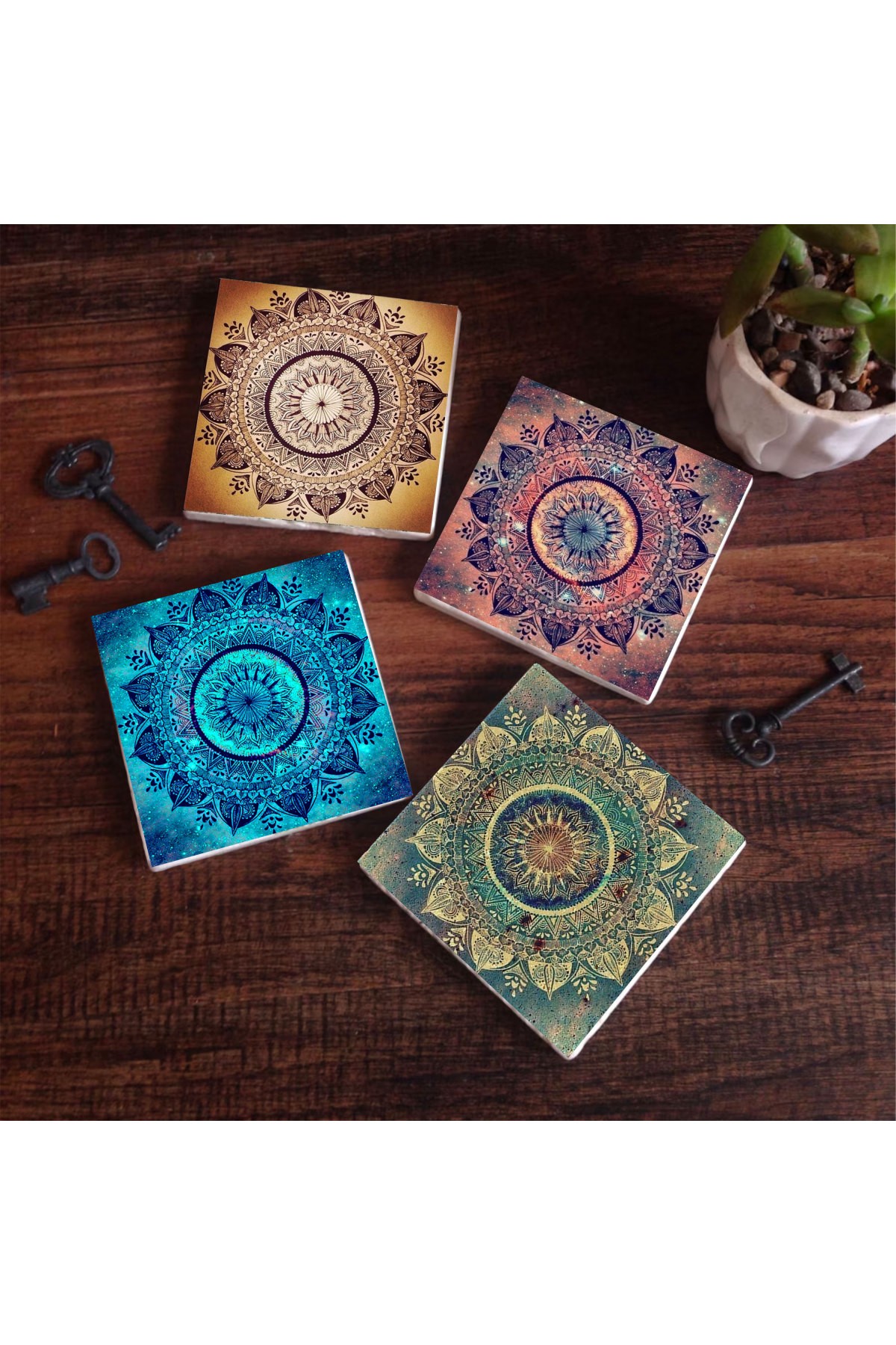 Mandala, Tree of Life Stone Coasters Desktop Protective Coasters 4 Piece Set 10x10cm Stone Coasters