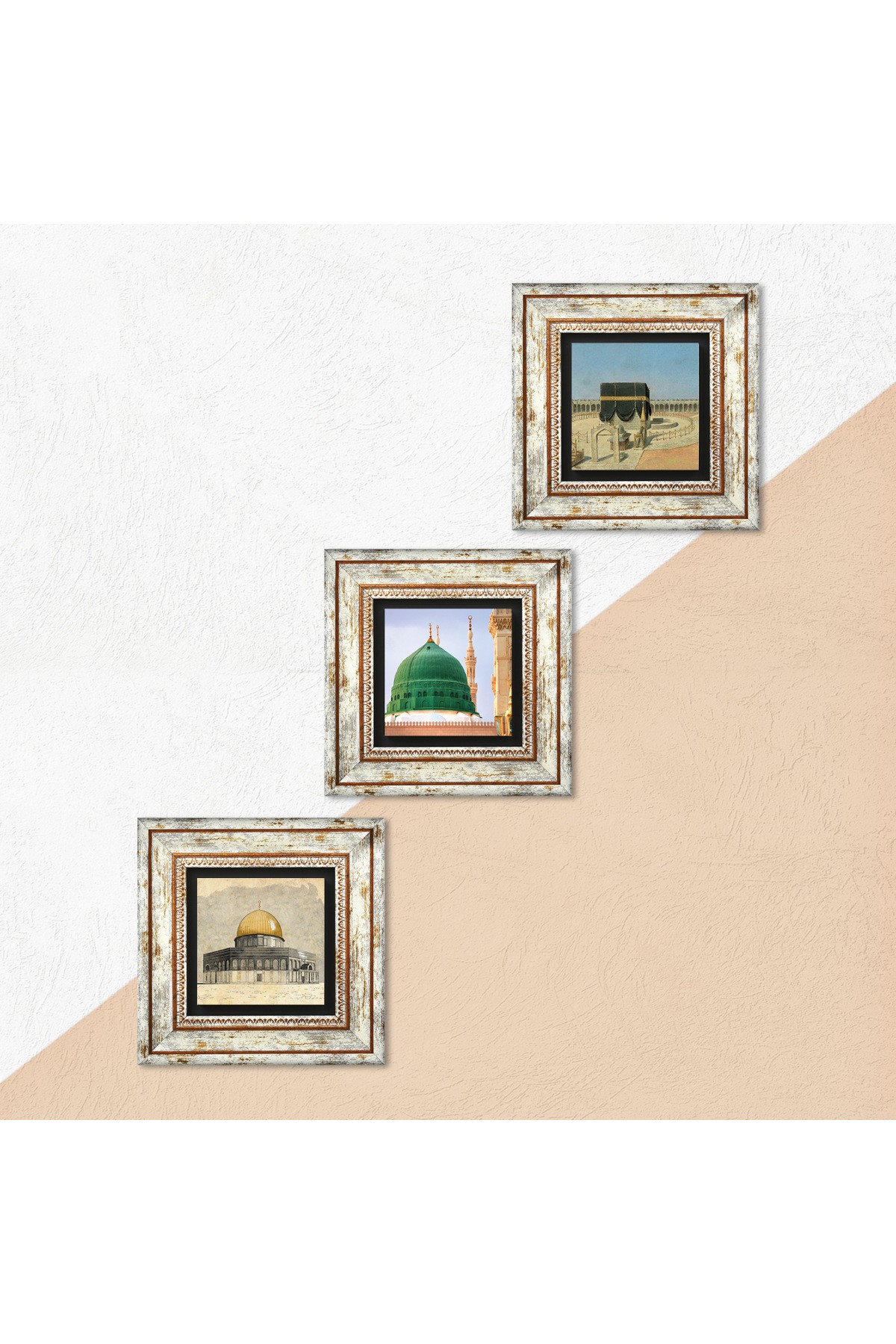 Kaaba-i Muazzama, Masjid al-Aqsa, Ravza-i Mutahhara Stone Wall Painting Framed Wall Decoration 3 Piece Painting Set Wall Art