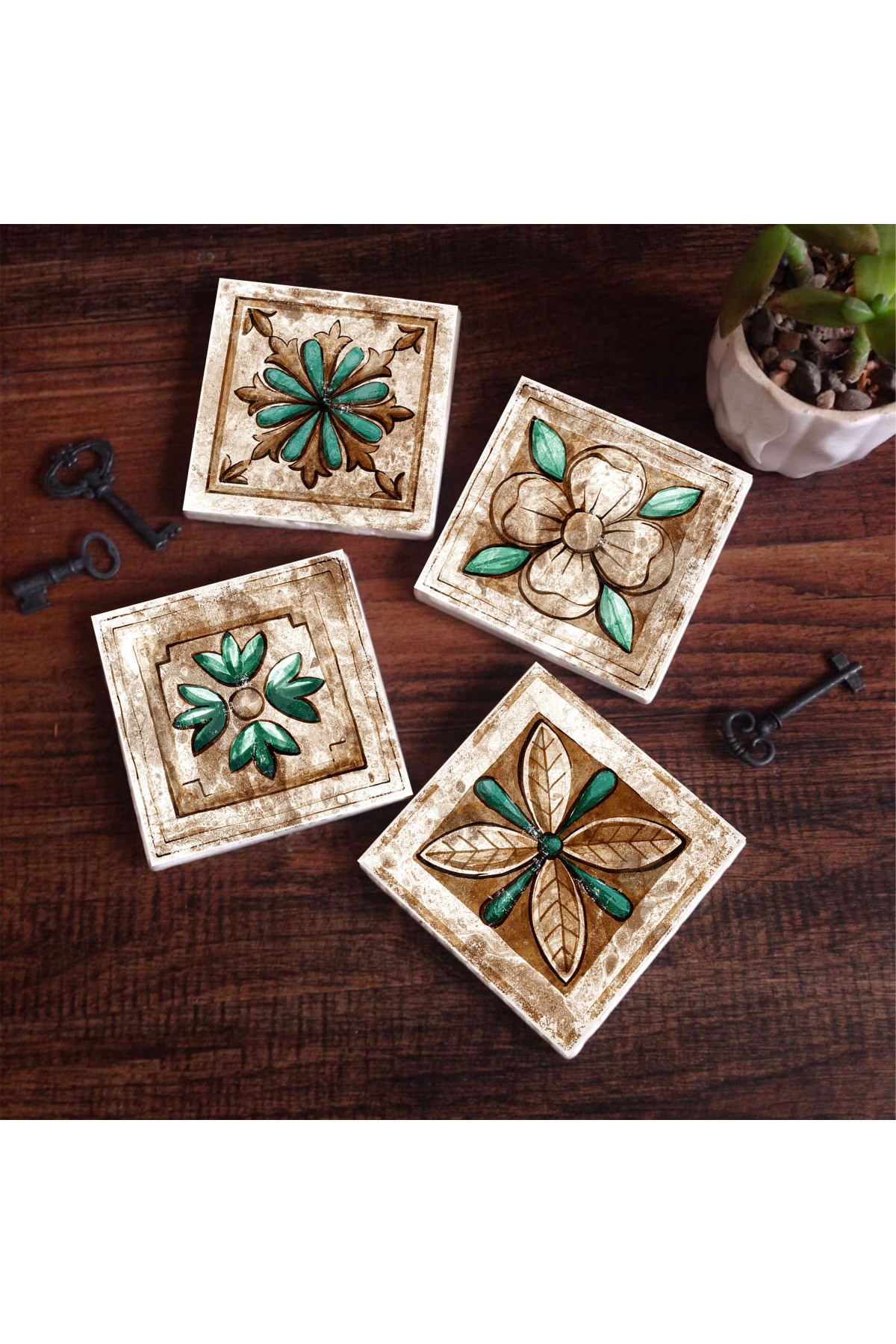 Fas Desenli Vintage Taş Bardak Altlığı Masaüstü Koruyucu Altlık 4 Parça Set 10x10cm Stone Coasters