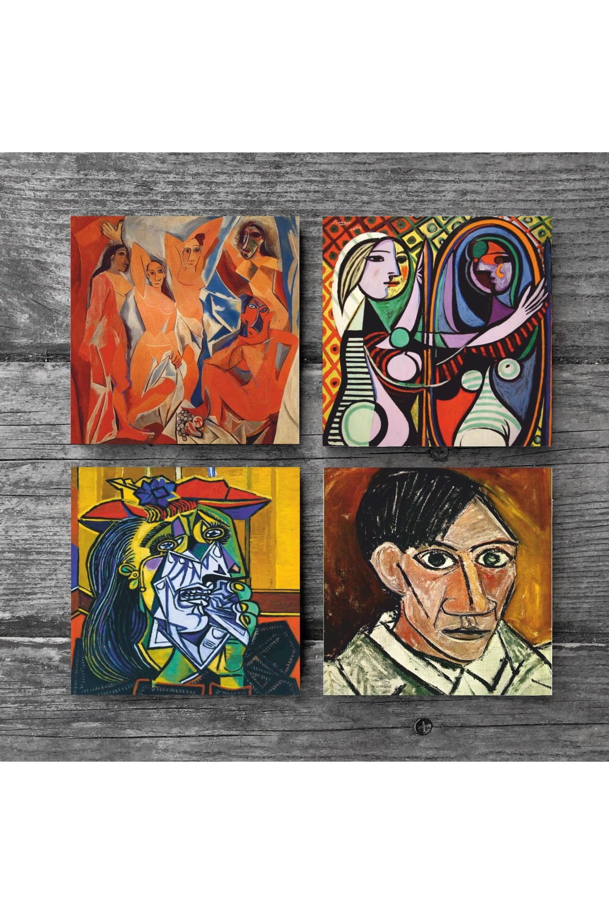 Picasso Ağlayan Kadın, Avignonlu Kızlar, Ayna Karşısındaki Kız, Otoportre Taş Bardak Altlığı Masaüstü Koruyucu Altlık 4 Parça Set 10x10cm Stone Coasters