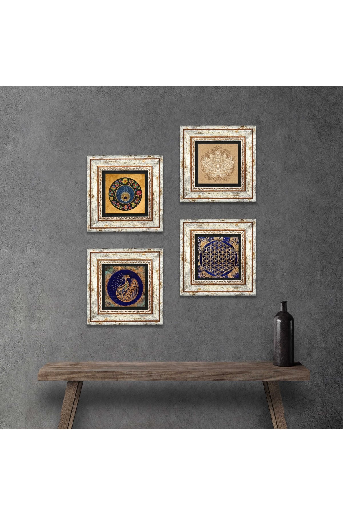 Peacock, Lotus Flower, Flower of Life, Evil Eye Stone Wall Painting Framed Wall Decor 4 Piece Painting Set Wall Art