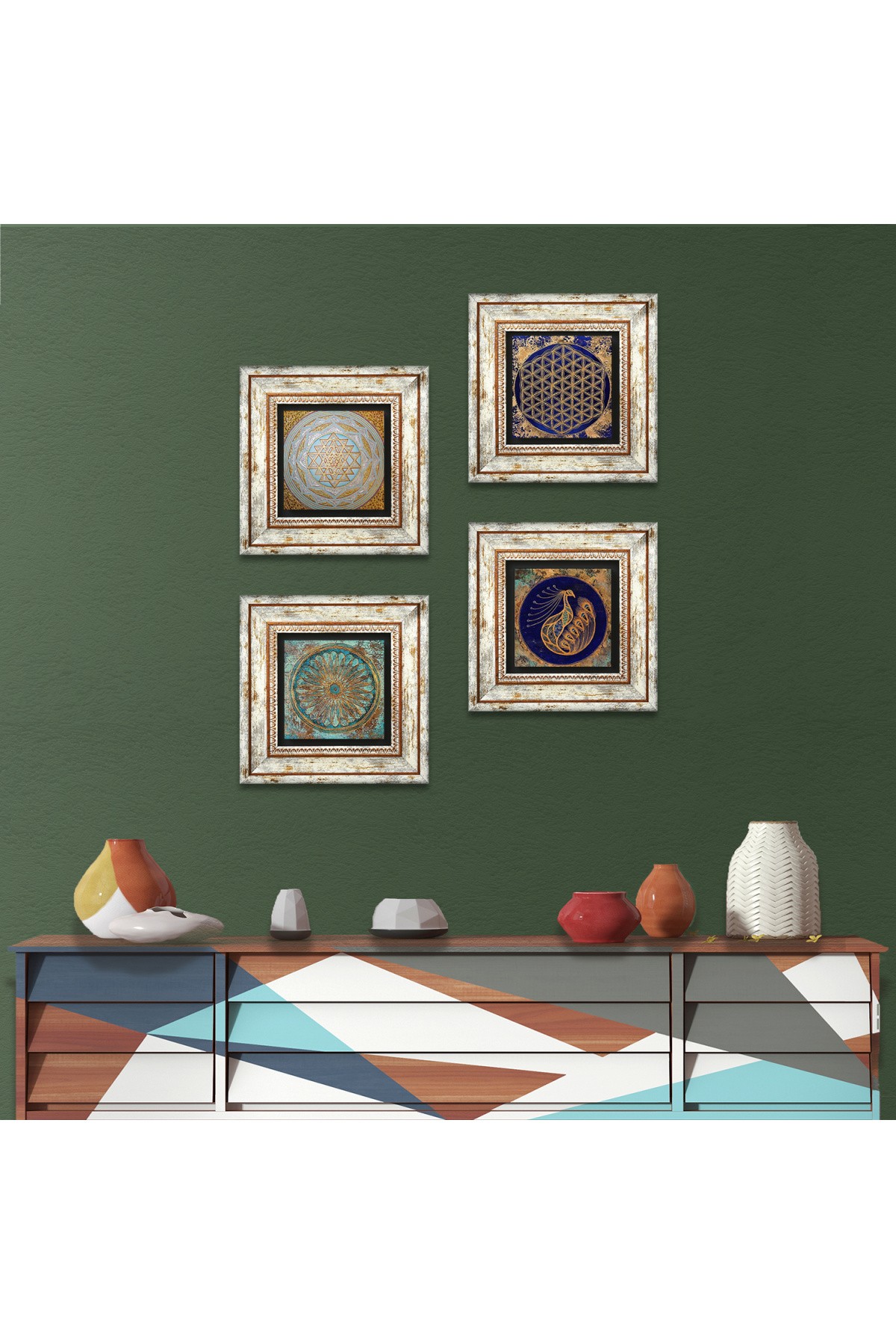 Peacock, Flower of Life, Sri Yantra Stone Wall Painting Framed Wall Decor 4 Piece Painting Set Wall Art