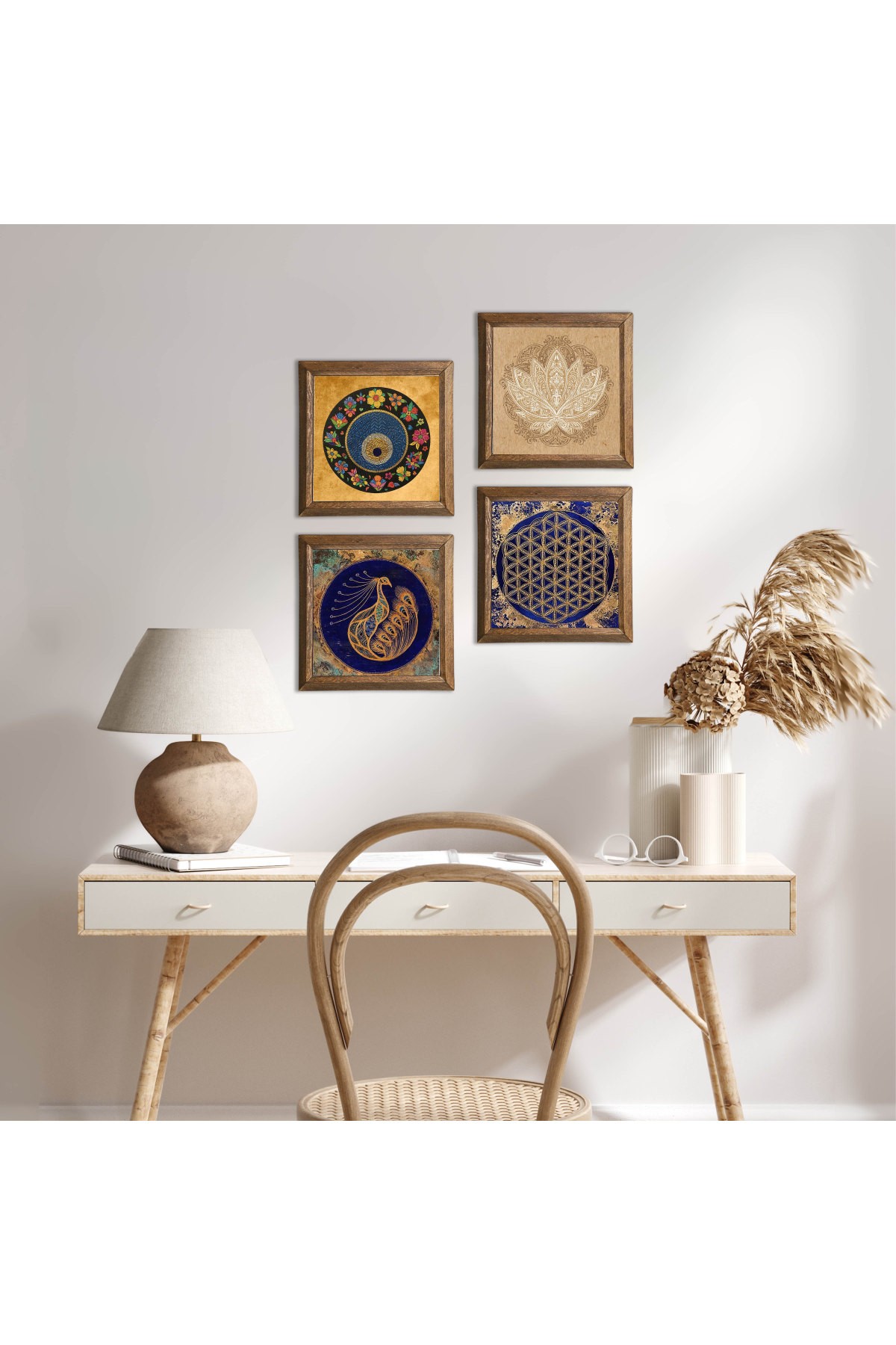 Tavus Kuşu, Lotus Çiçeği, Yaşam Çiçeği, Nazar Taş Duvar Tablosu Ahşap Çerçeveli Duvar Dekoru 4 Parça Tablo Seti Wall Art