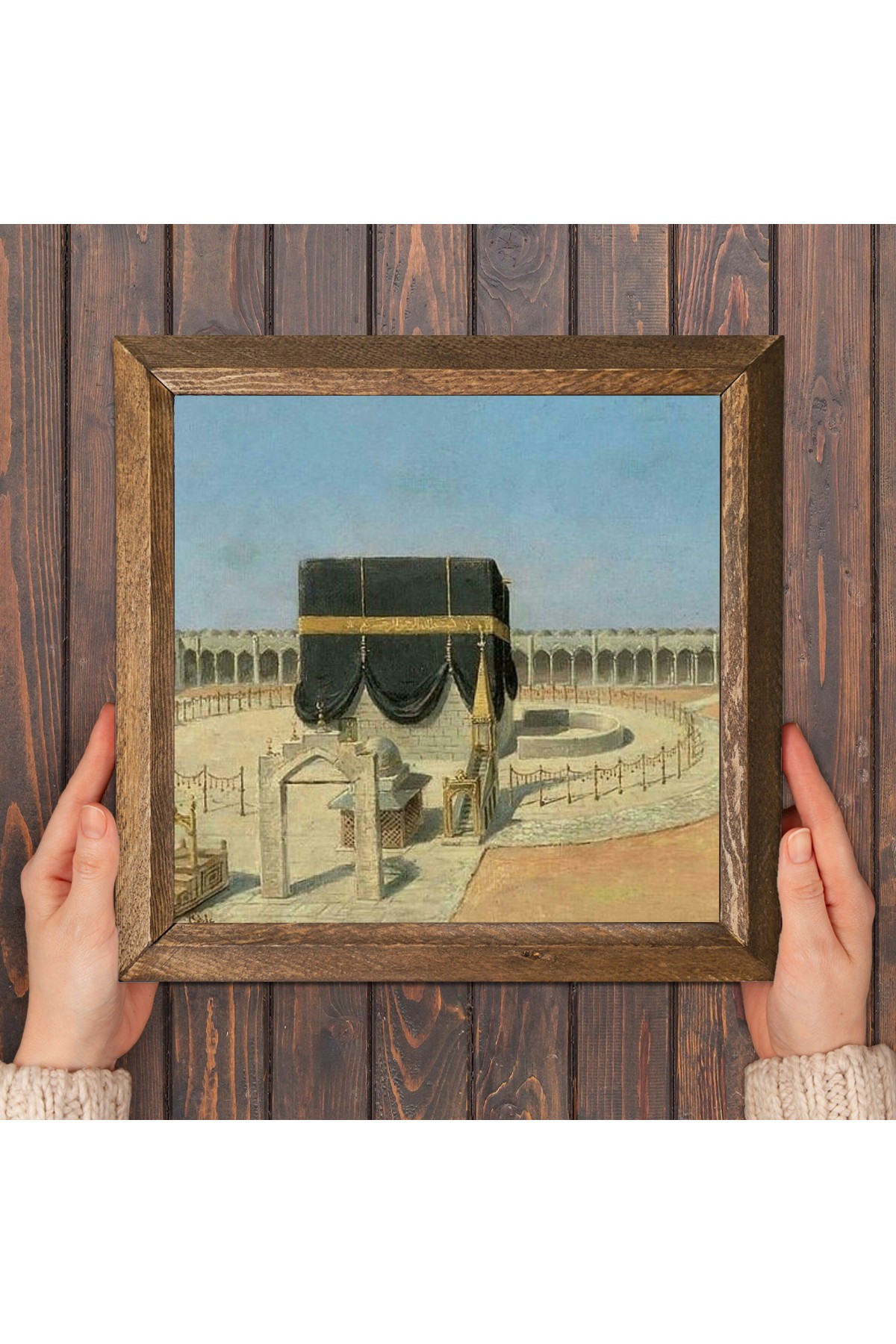 لوحة جدارية حجرية رائعة من Kaaba-i بإطار خشبي لتزيين الحائط مقاس 25 × 25 سم