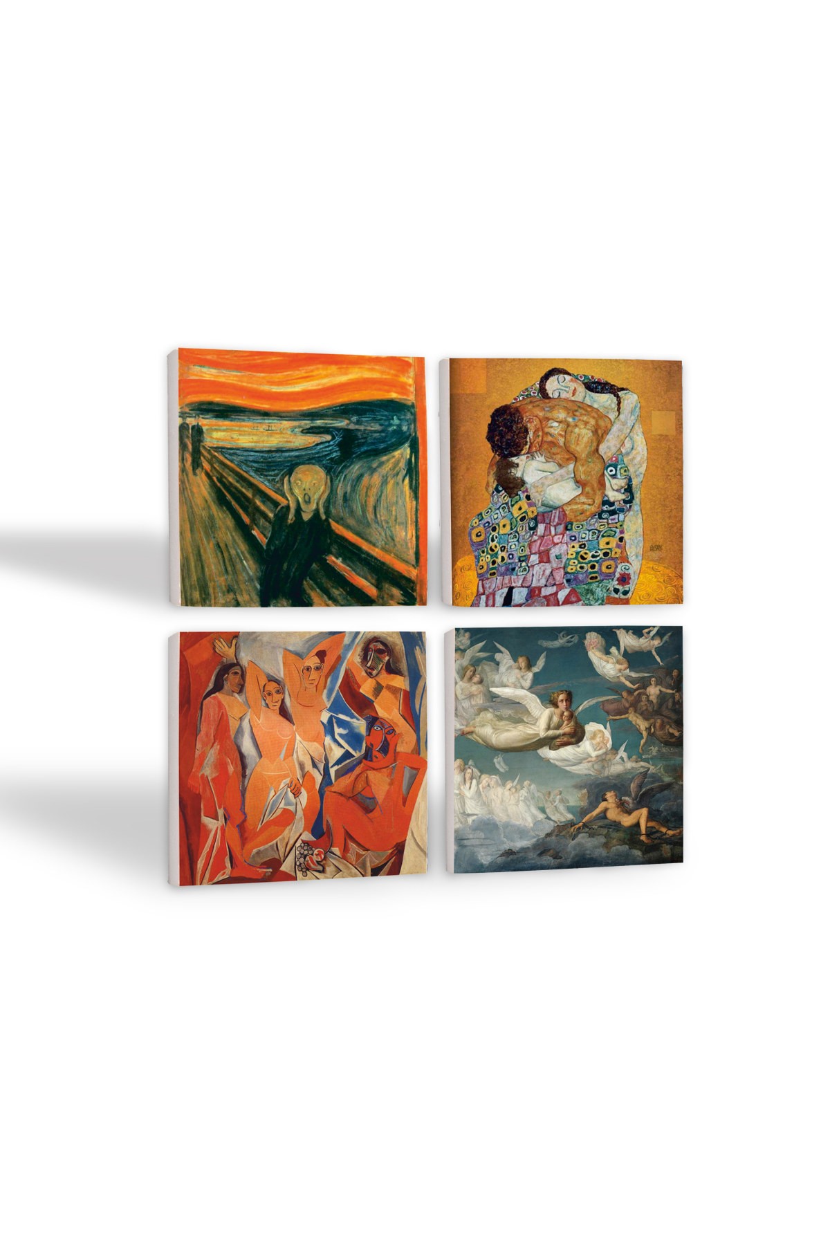 Picasso Avignonlu Kızlar, Çığlık, Klimt Aile Kucaklama, Ruhların Geçişi Taş Bardak Altlığı Masaüstü Koruyucu Altlık 4 Parça Set 10x10cm Stone Coasters