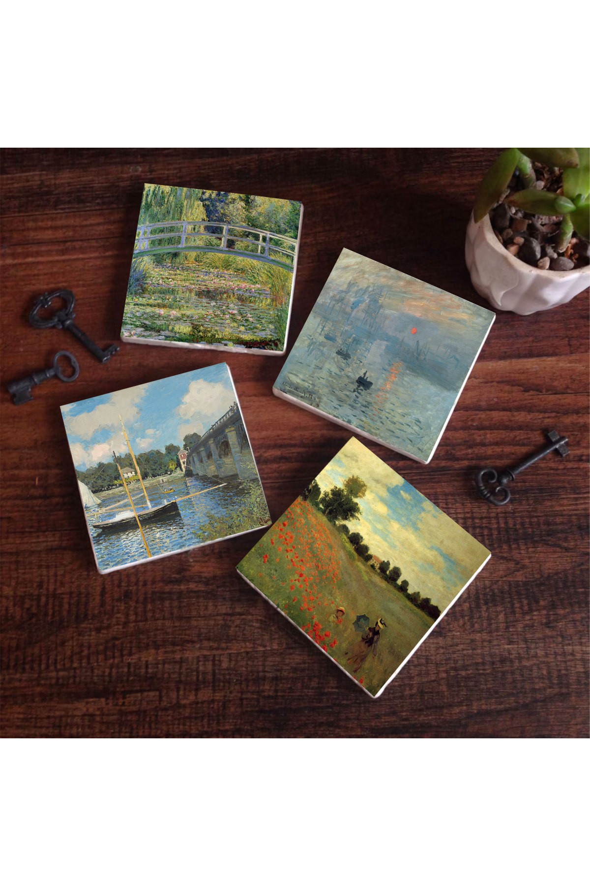 Claude Monet Argenteuil'de Köprü, Gelincikler, İzlenim Gün Doğumu, Nilüfer Gölü Taş Bardak Altlığı Masaüstü Koruyucu Altlık 4 Parça Set 10x10cm Stone Coasters