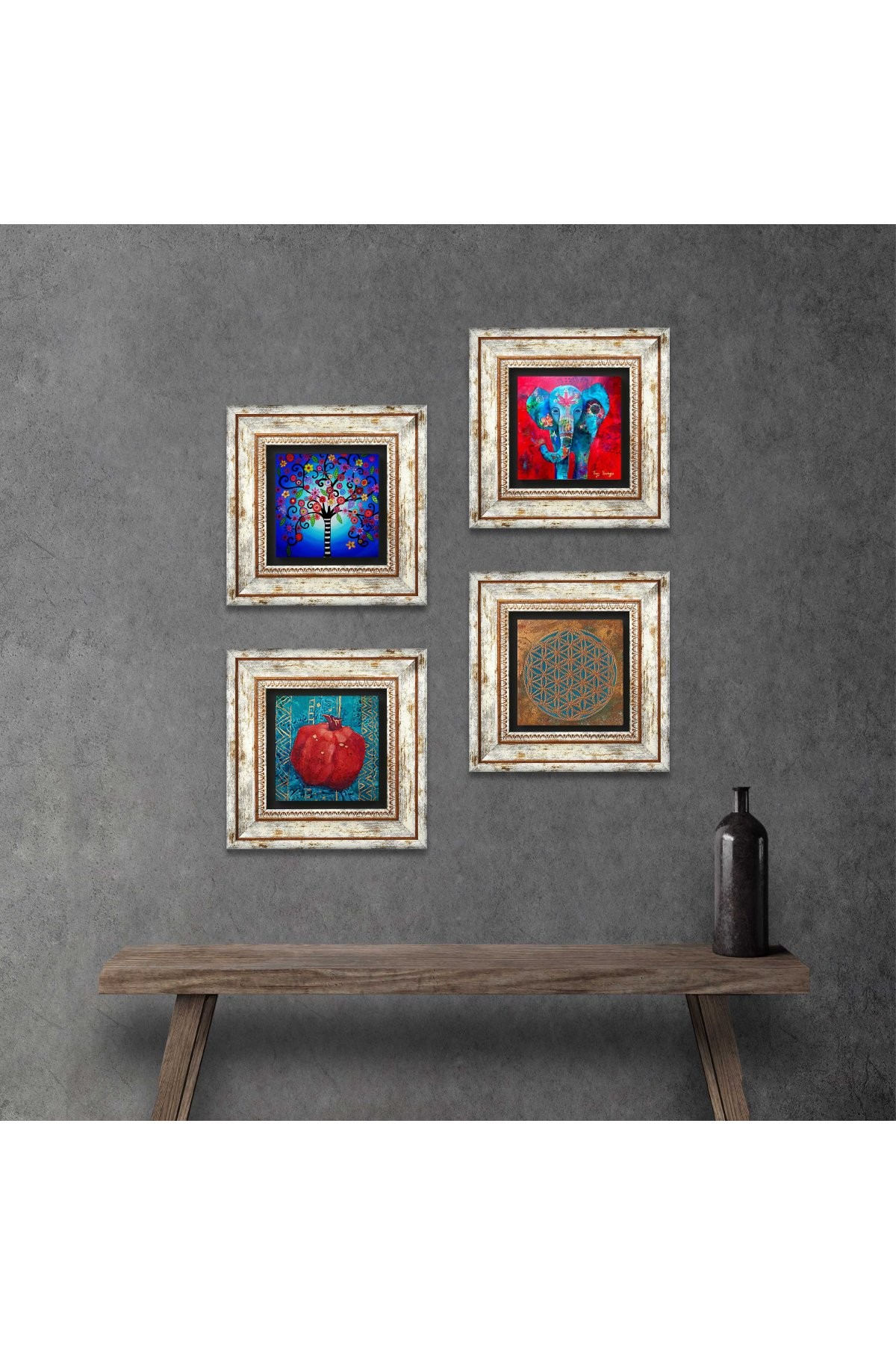 Flower of Life, Elephant, Tree of Life, Pomegranate Stone Wall Painting Framed Wall Decor 4 Piece Painting Set Wall Art