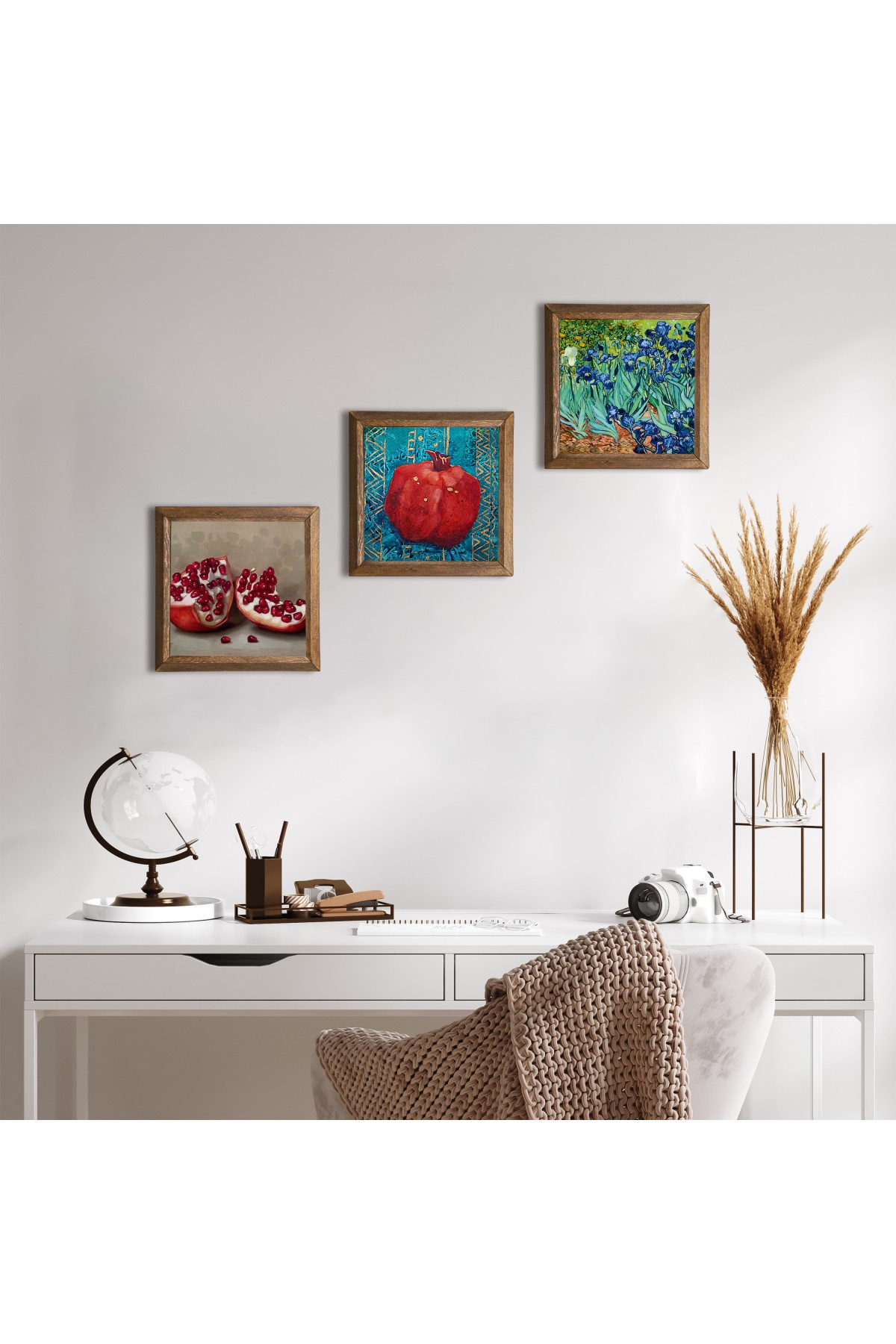 Van Gogh Irises, Pomegranate Stone Wall Painting Wooden Framed Wall Decor 3 Piece Painting Set Wall Art