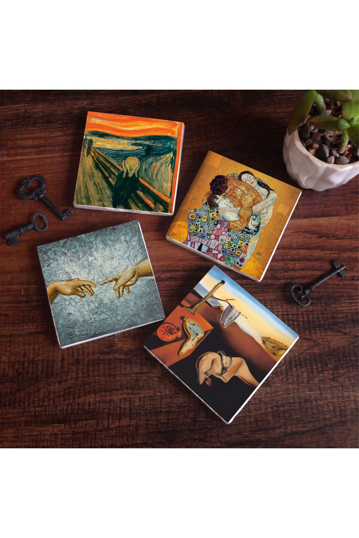 Dalí Belleğin Azmi, Michelangelo, Çığlık, Klimt Aile Kucaklama Taş Bardak Altlığı Masaüstü Koruyucu Altlık 4 Parça Set 10x10cm Stone Coasters