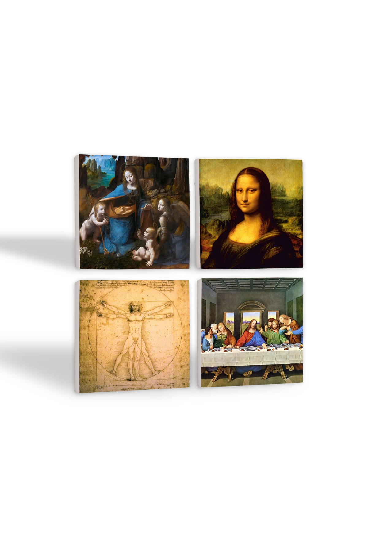 Da Vinci Son Akşam Yemeği, Kayalıklar Bakiresi, Mona Lisa, Vitruvius Adamı Taş Bardak Altlığı Masaüstü Koruyucu Altlık 4 Parça Set 10x10cm Stone Coasters