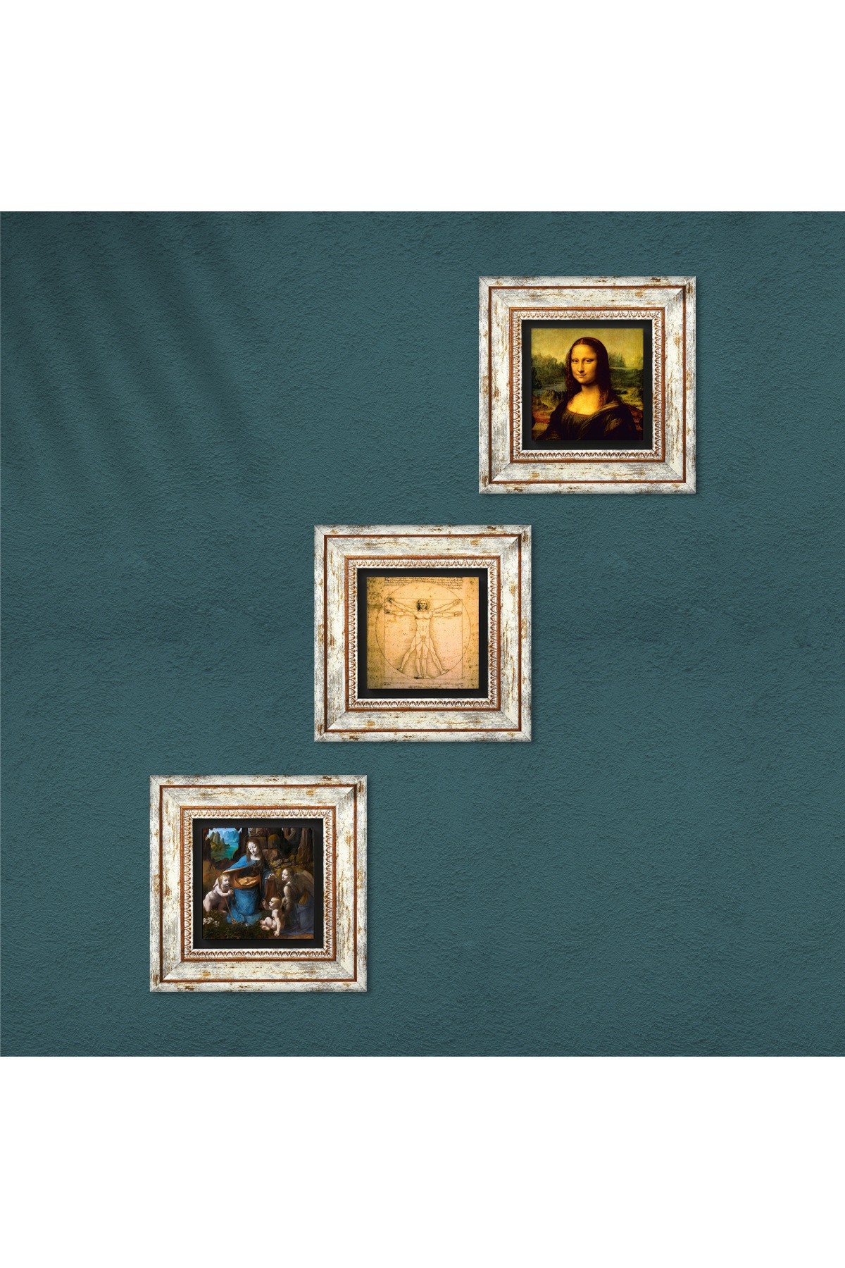 Da Vinci Virgin of the Rocks, Mona Lisa, Vitruvian Man Stone Wall Painting Framed Wall Decor 3 Piece Painting Set Wall Art